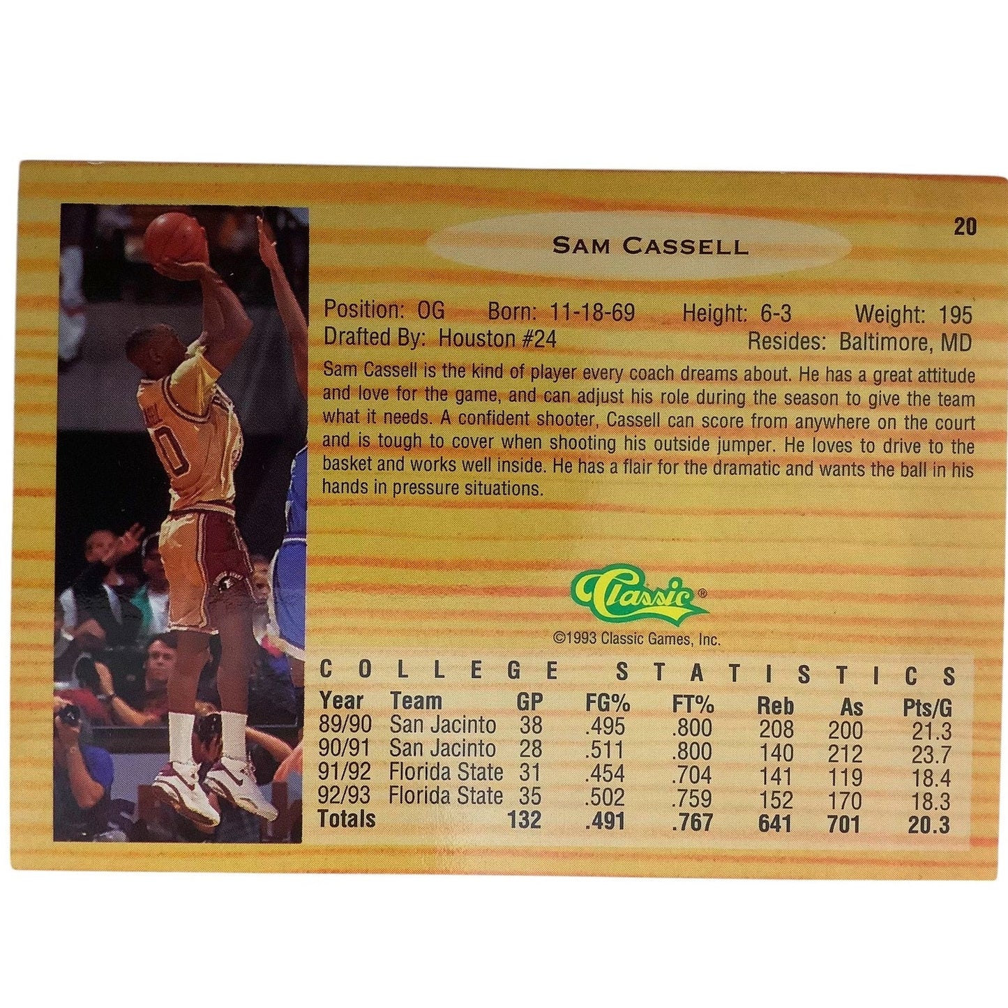 Sam Cassell, Florida State (G), Classics 1993 Draft Picks Card 20, EXC/NM