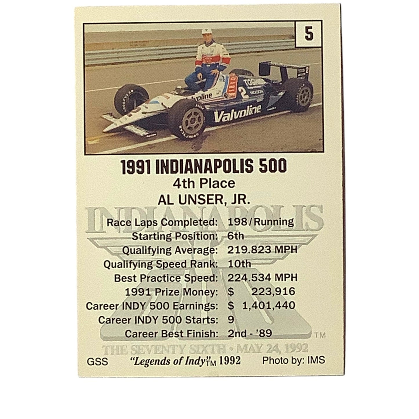 Al Unser Jr 4th Place Indy Finish, 1991 Action, 1992 Legends of Indy, Card 5 NM+