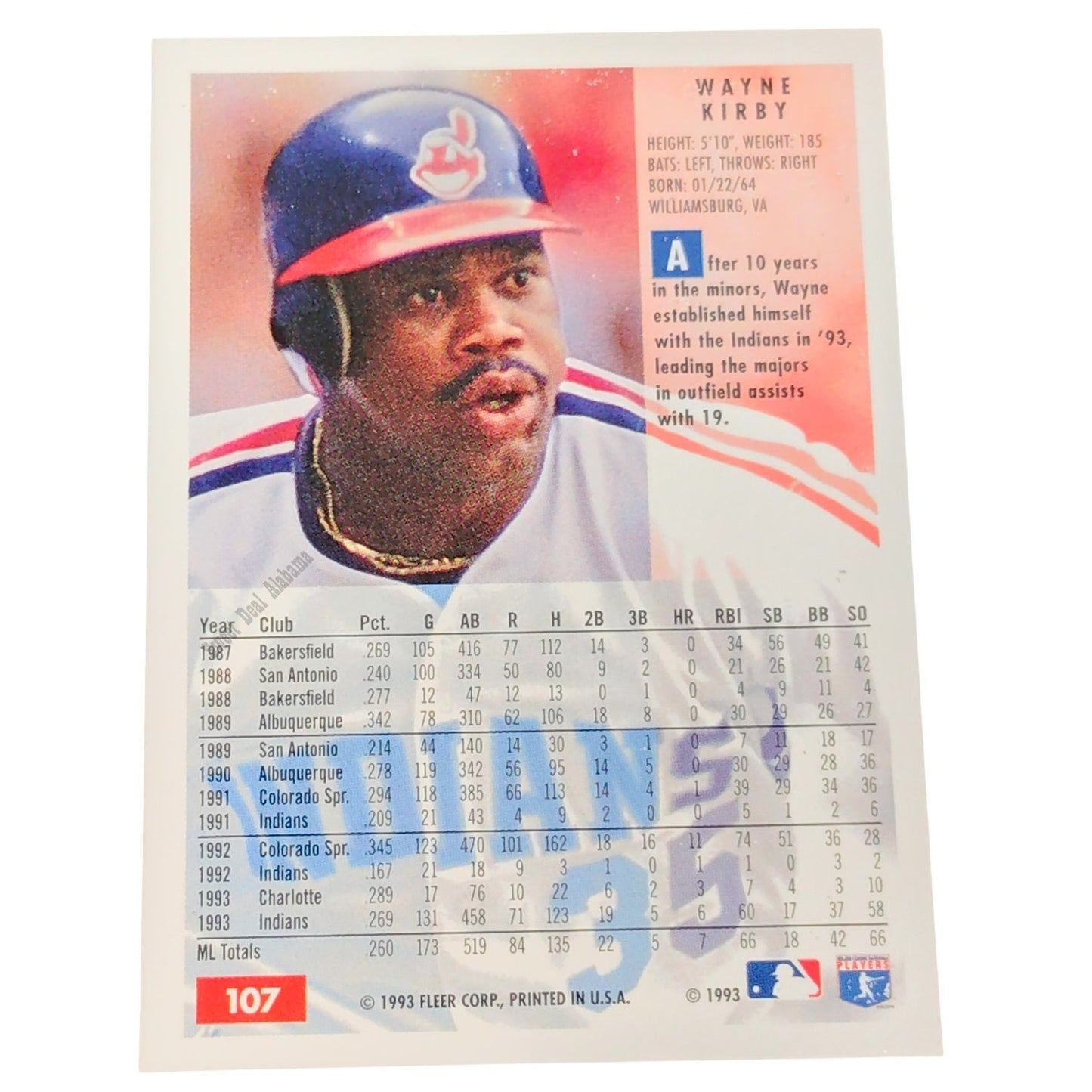 Wayne Kirby, Cleveland Indians, #107, 1994 Fleer Baseball Collector's Card