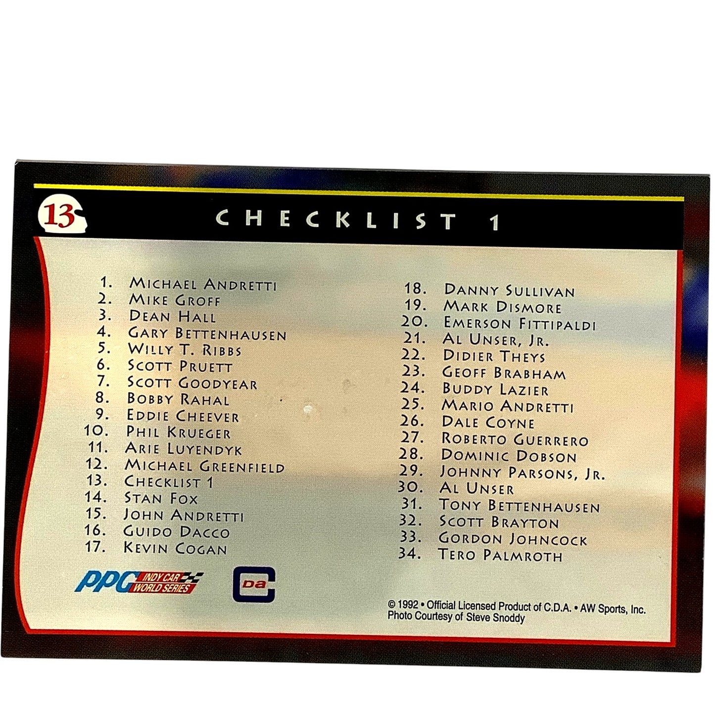 Card Checklist 1 (#1-#34) 1992 Indy Car World Series #13, All Sports Inc., NM