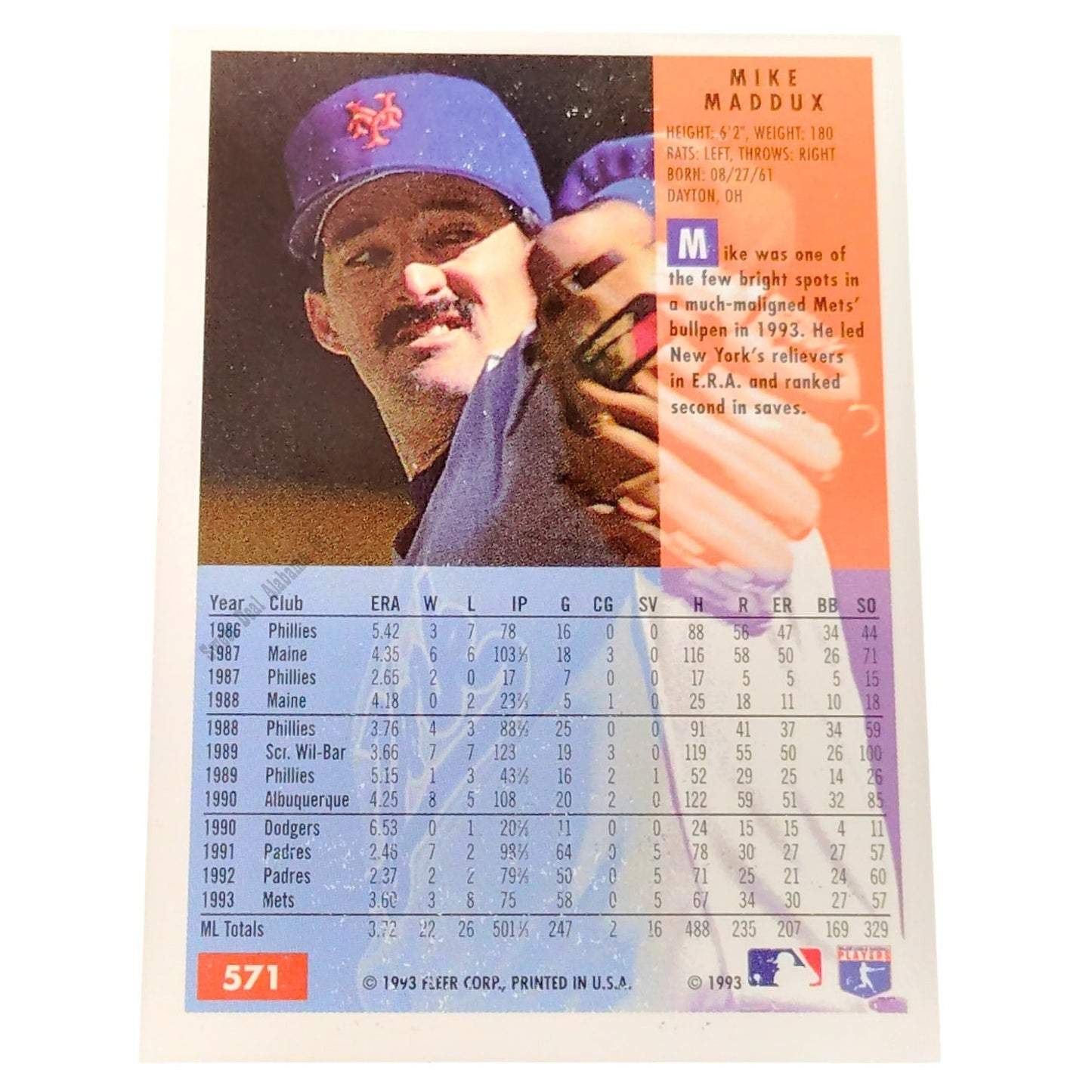 Mike Maddux, New York Mets, #571, 1994 Fleer Baseball Collector's Card