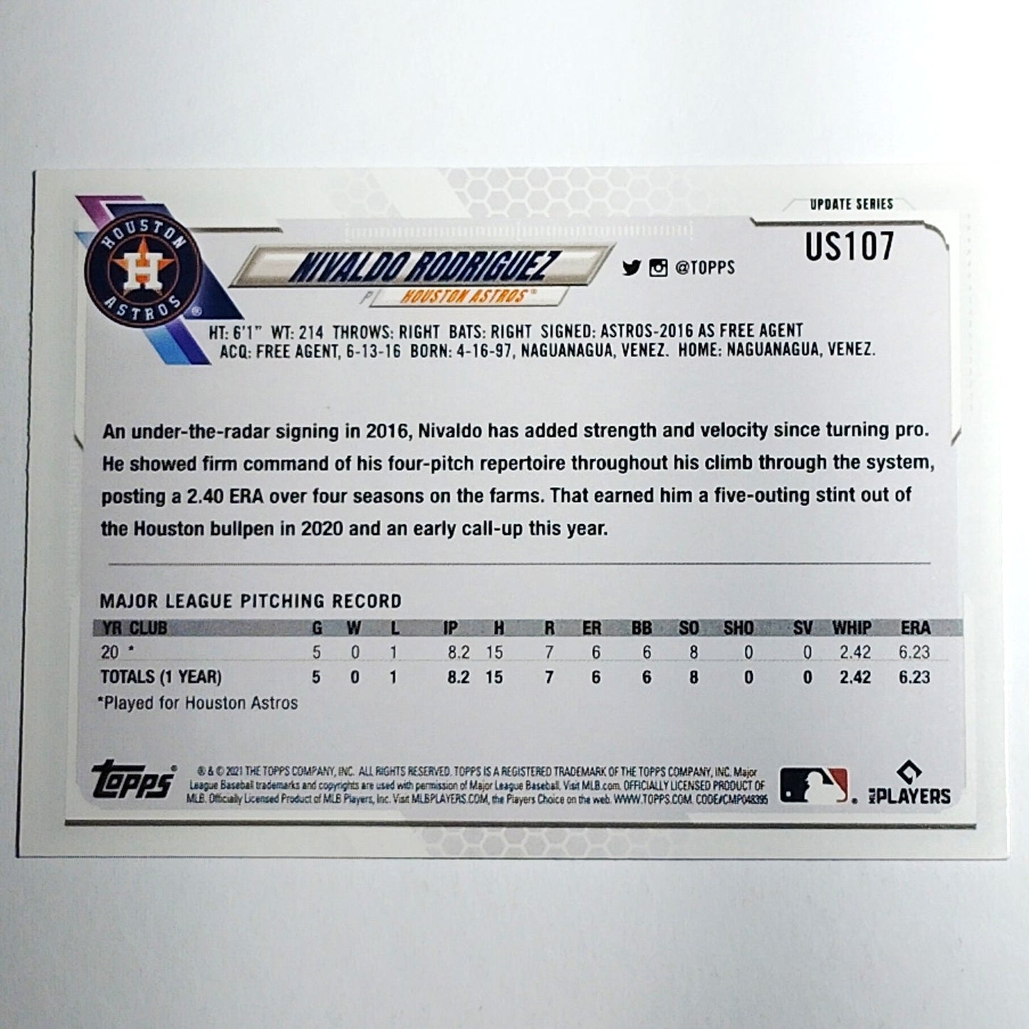 2021 Topps Update Nivaldo Rodriguez RC Houston Astros Pitcher Card #US107 VG/EX