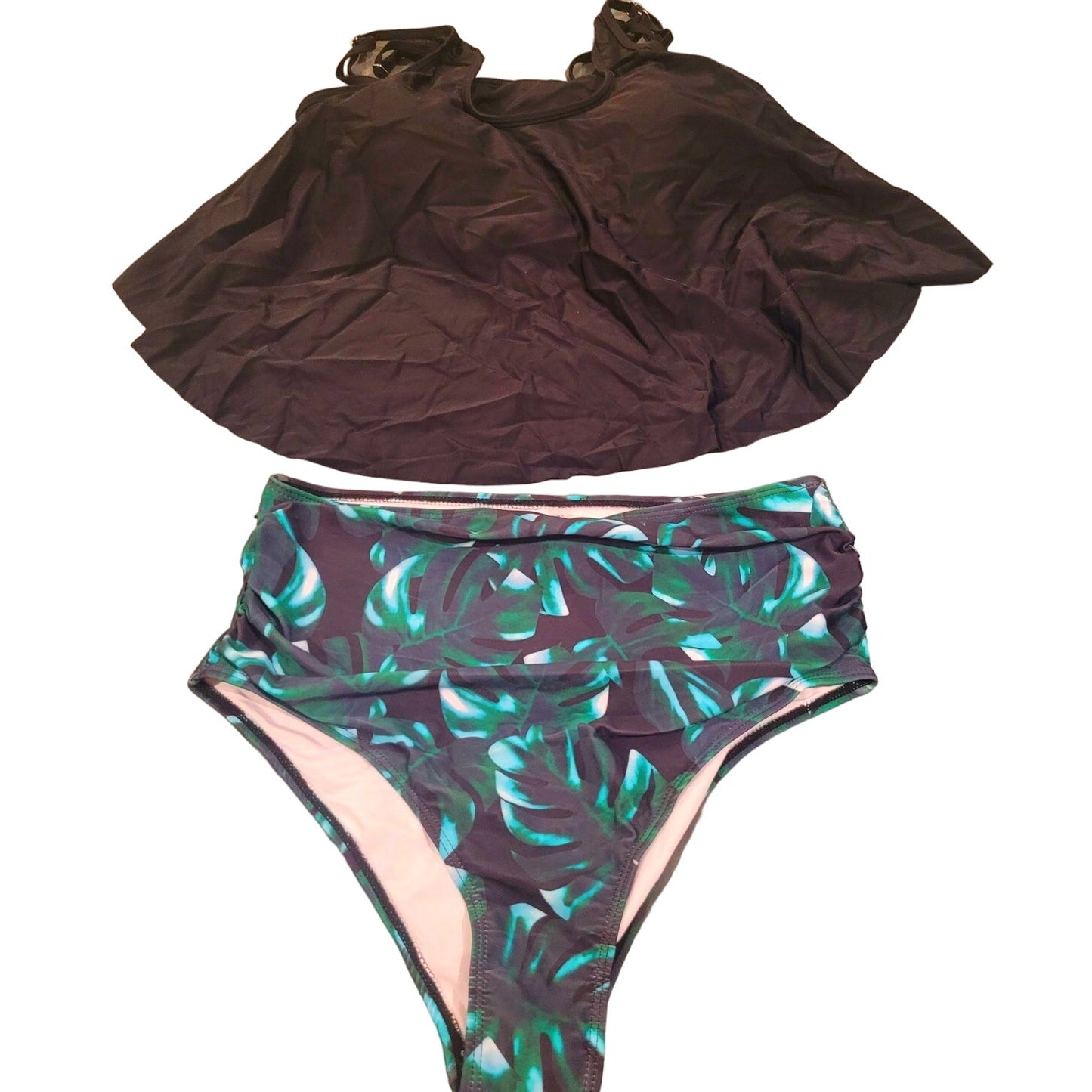 OMKAGI Ruffle Bikini, High Waisted Bottom Plus Tankini, Black Leaf, XL (8-10)