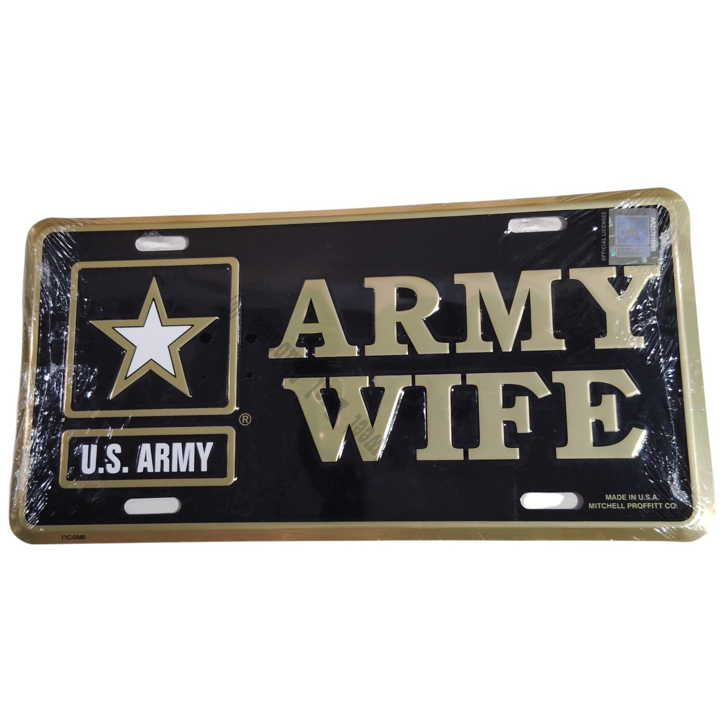 U.S. Army - Army Wife - Standard 12" x 6", Gold on Black Car Tag, Made in U.S.A.