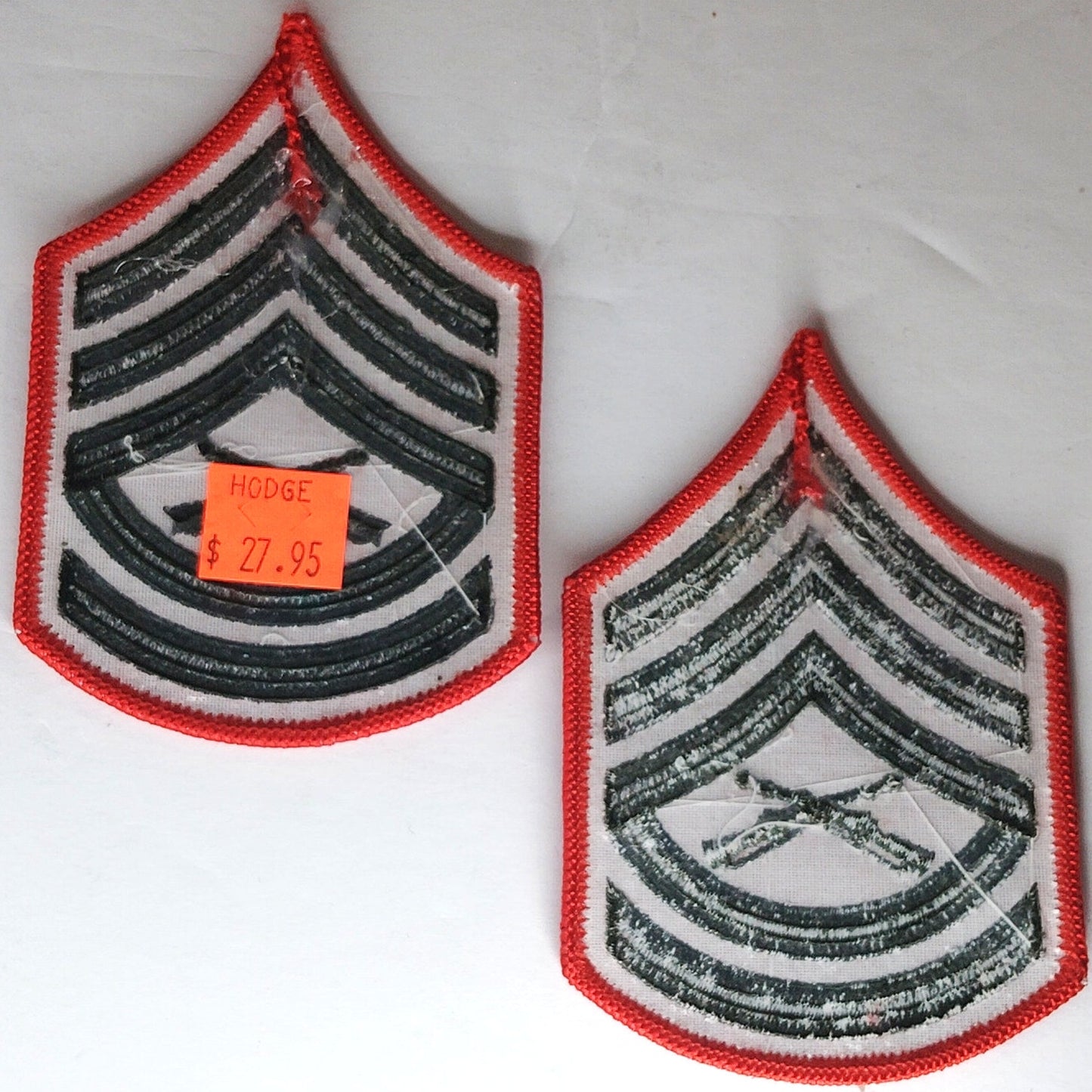 USMC Gunnery Sergeant E‑7 Chevrons Green on Red Female Size 4‑1/4" × 2‑7/8" Pair