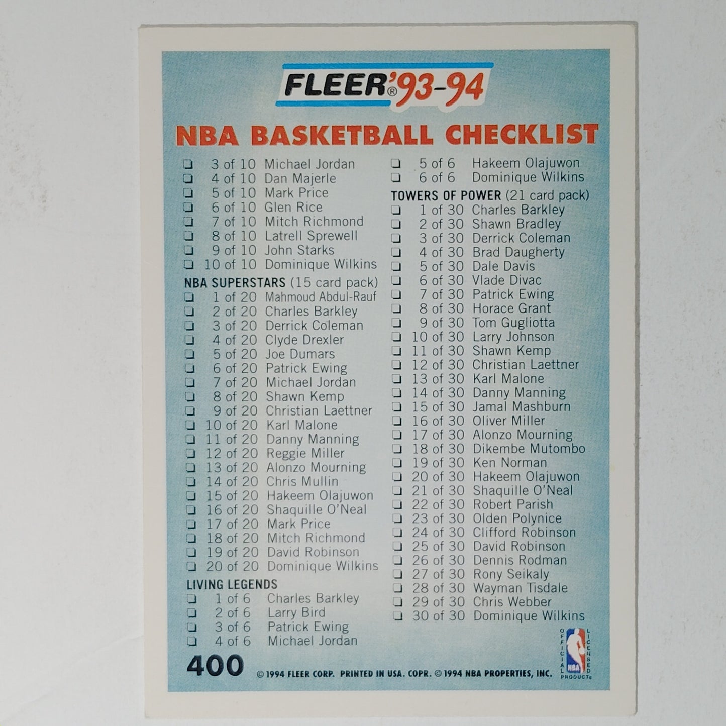 1993–94 Fleer Checklist #400 – Cards 355–400 & Inserts – VG/EX