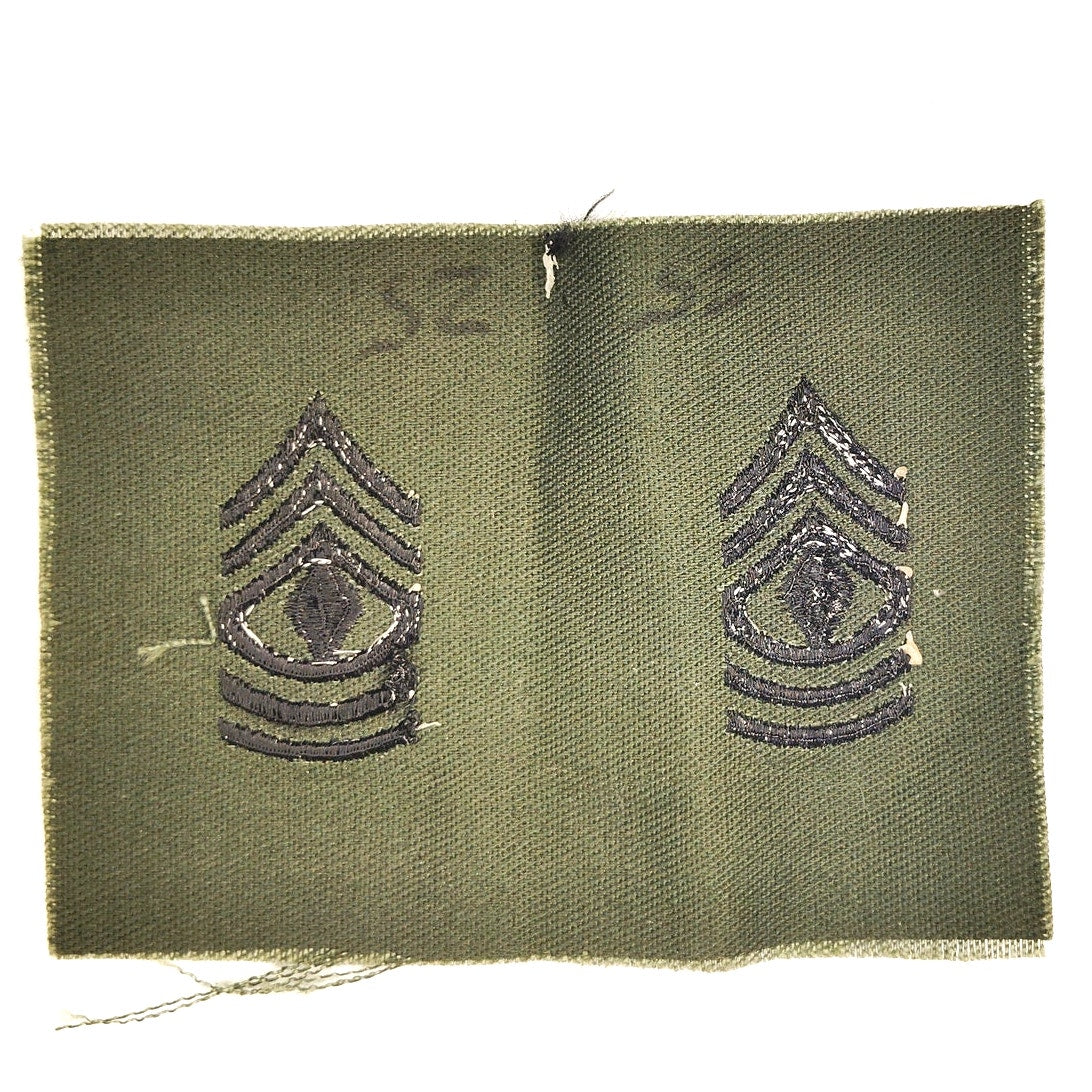 US Army 1SG E‑8 Rank Patch Pair Subdued ODG 4" × 3" Raw‑Edge Vintage