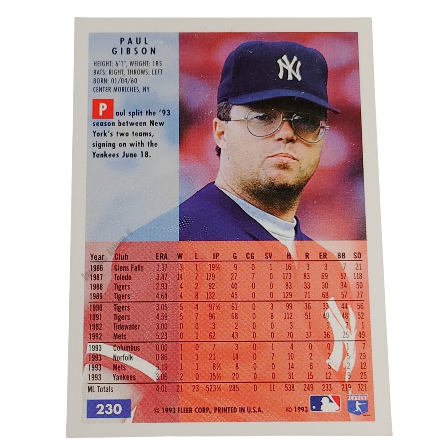 Paul Gibson, New York Yankees, #230, 1994 Fleer Baseball Collector's Card