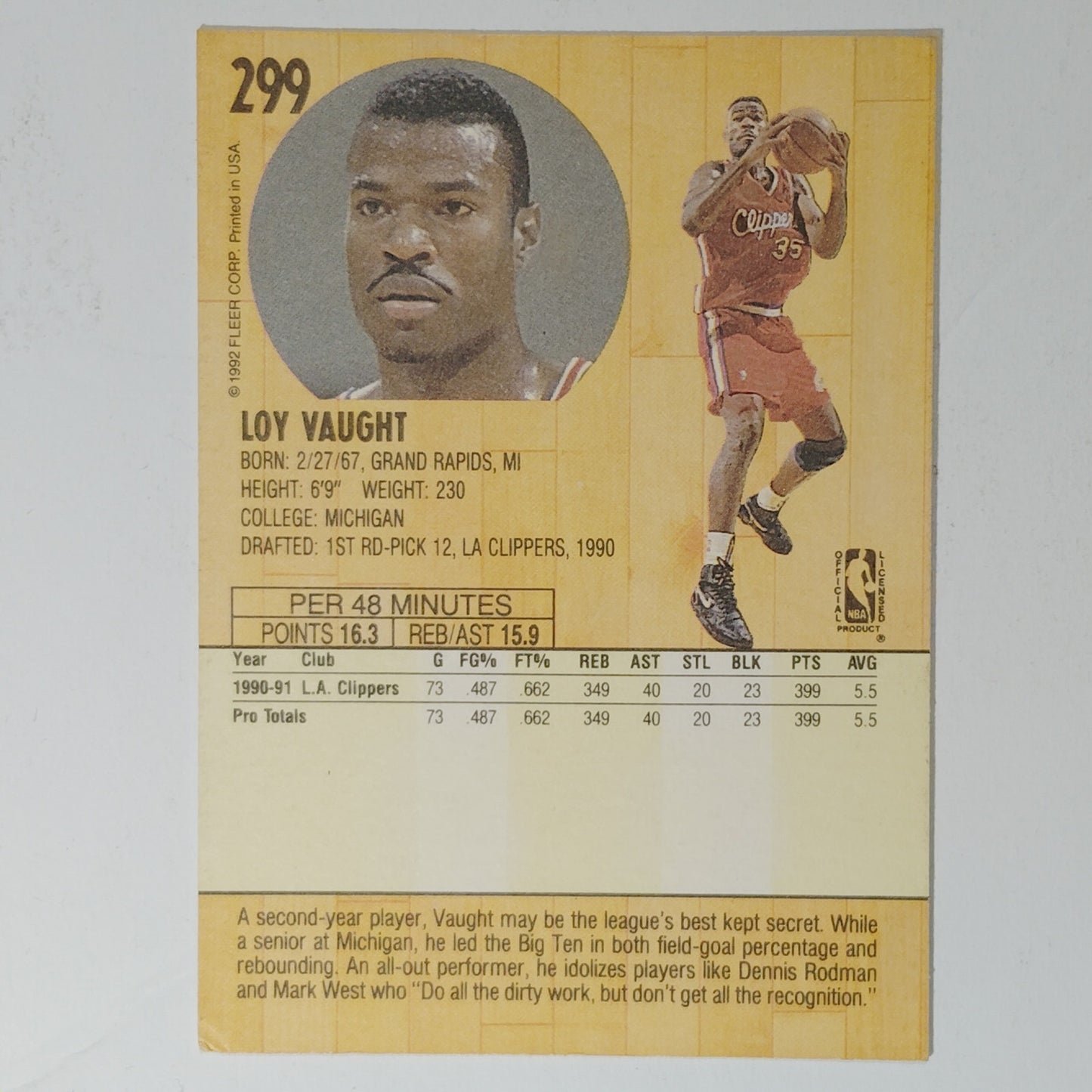 1991–92 Fleer Loy Vaught #299 – Los Angeles Clippers – Forward – NBA Card