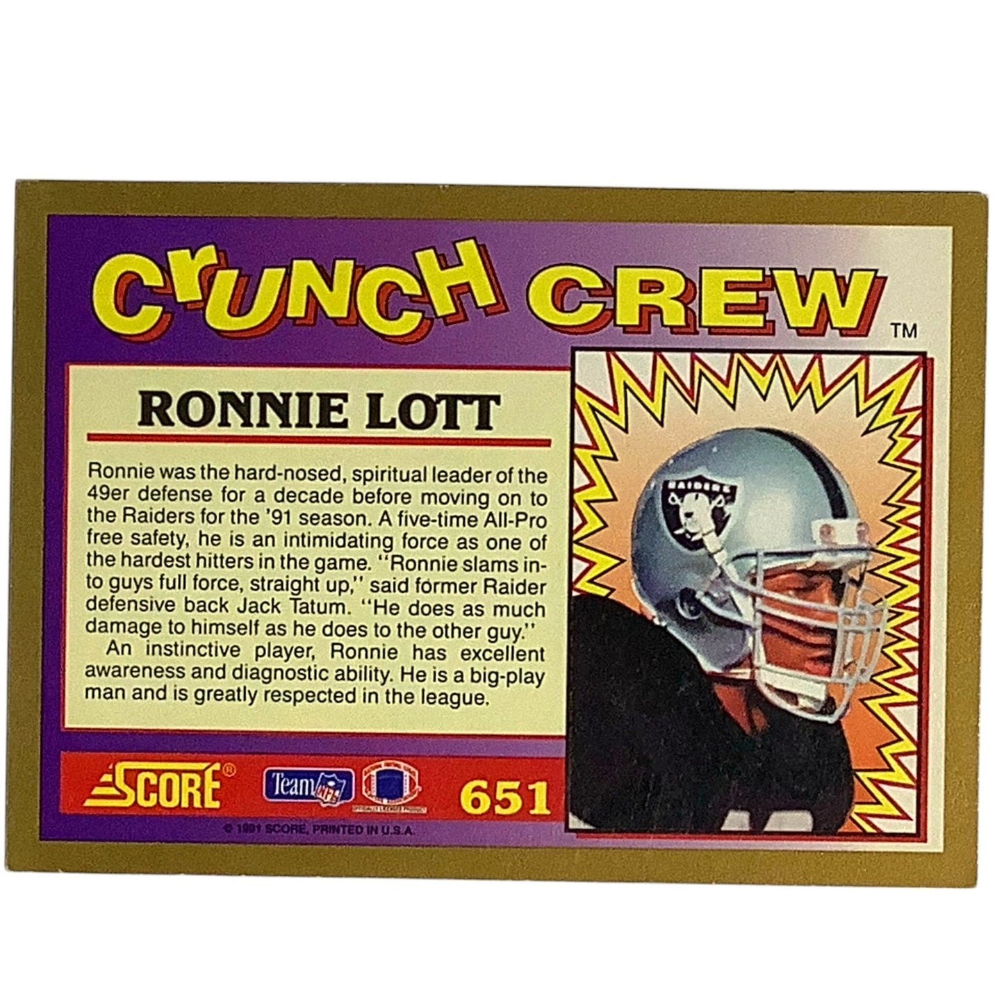 Ronnie Lott, Oakland Raiders, NFL 1991 Score Crunch Crew Card 651, EX/NM