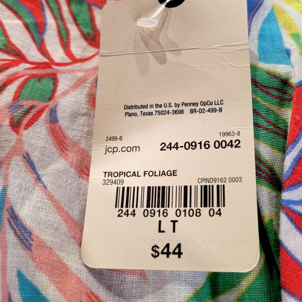 St. John's Bay Tall Linen Y Neck Short Sleeve Blouse Tropical Leaves, Large Tall