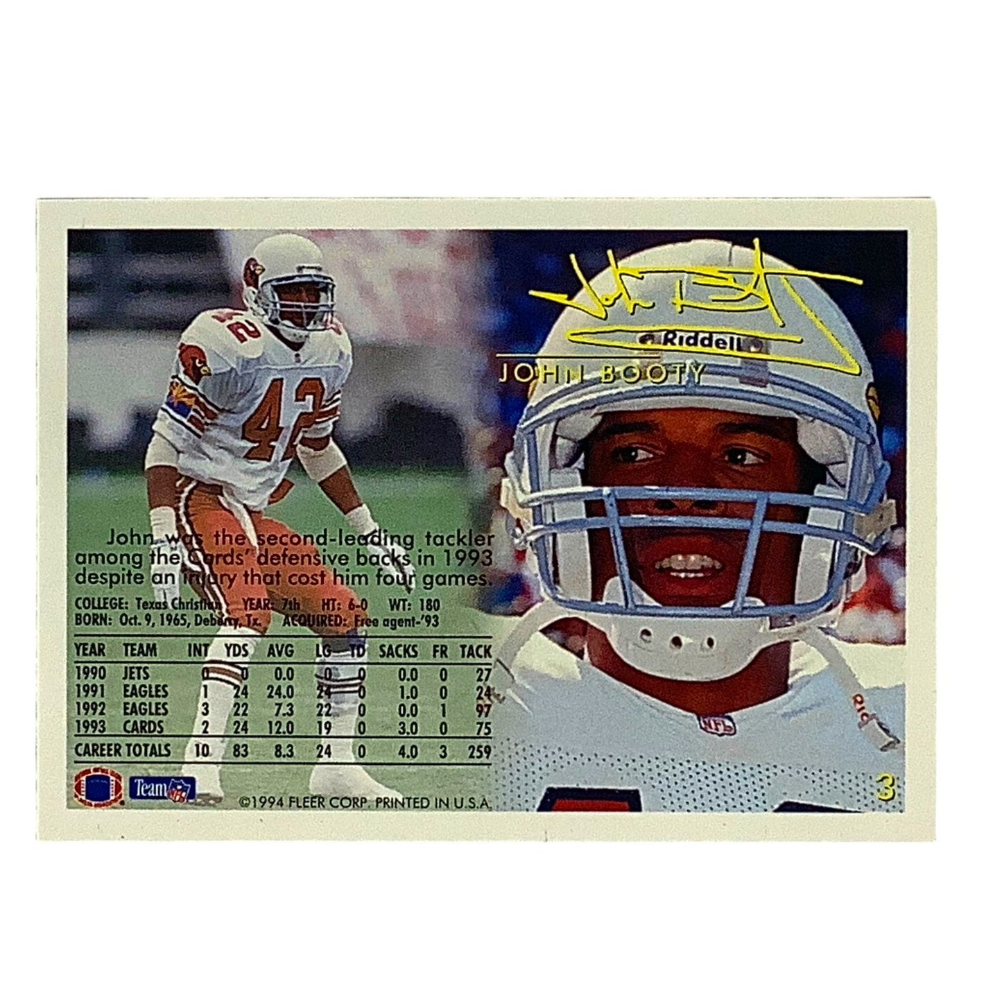 John Booty, Arizona Cardinals, NFL Fleer 1994 Card 3, EX/NM