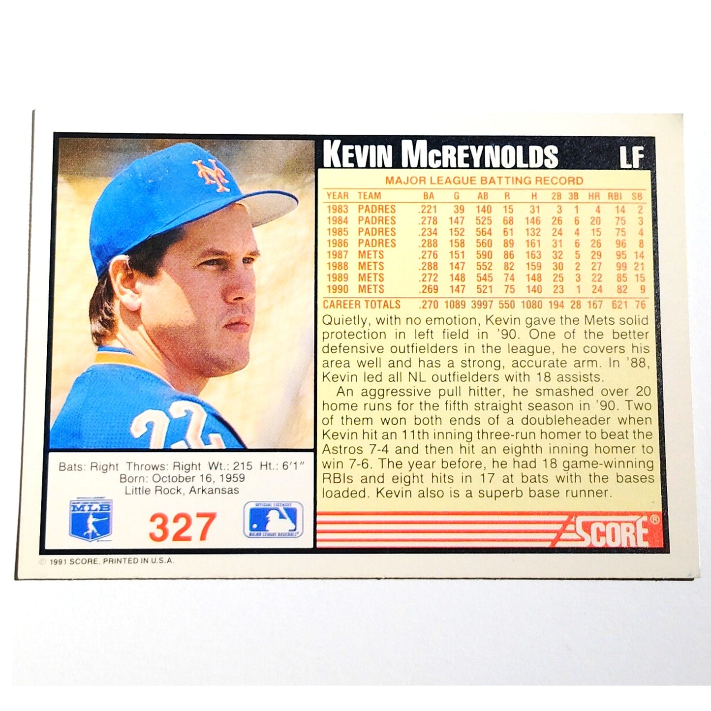 1991 Score Kevin McReynolds #327 New York Mets Left Fielder MLB Baseball Card NM