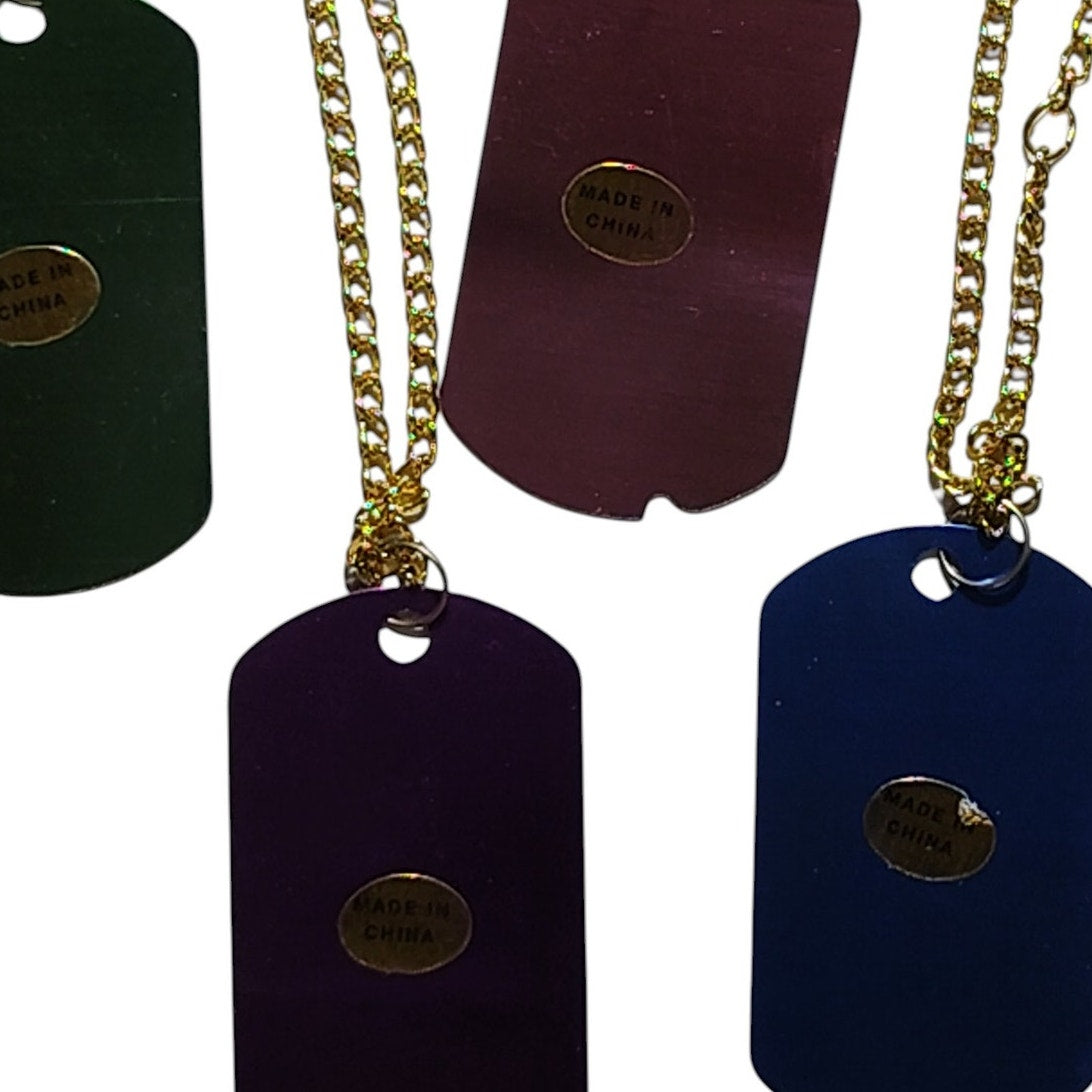4 Camo Dog Tags Pink (1) Blue (1) Green (1) & Purple (1) w/ 24" Gold Tone Chains
