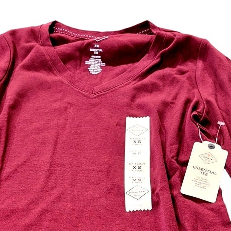 St. John's Bay Womens V Neck 3/4 Sleeve T-Shirt, Deep Ruby, XS (0-2)