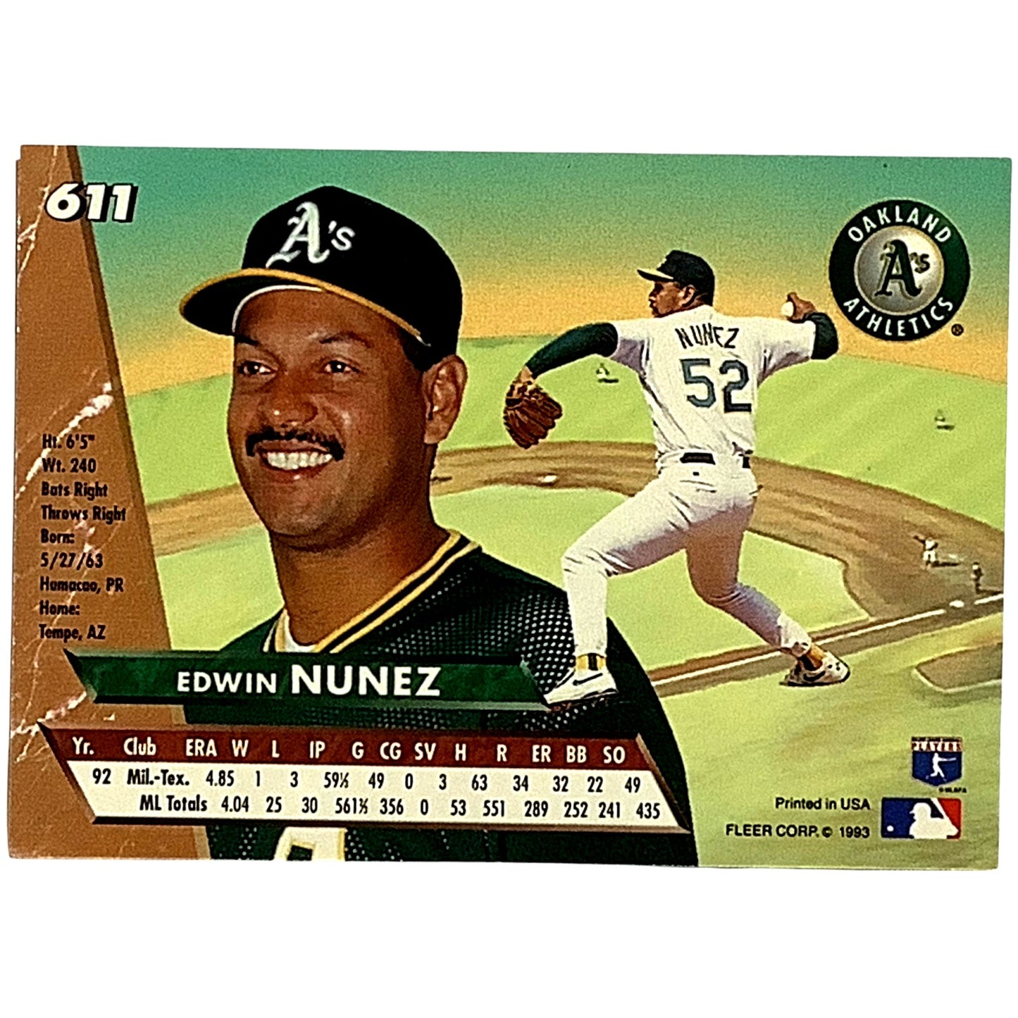 Edwin Nunez, Oakland Athletics, MLB, Fleer Ultra Baseball 1993, Card 611, EX/NM