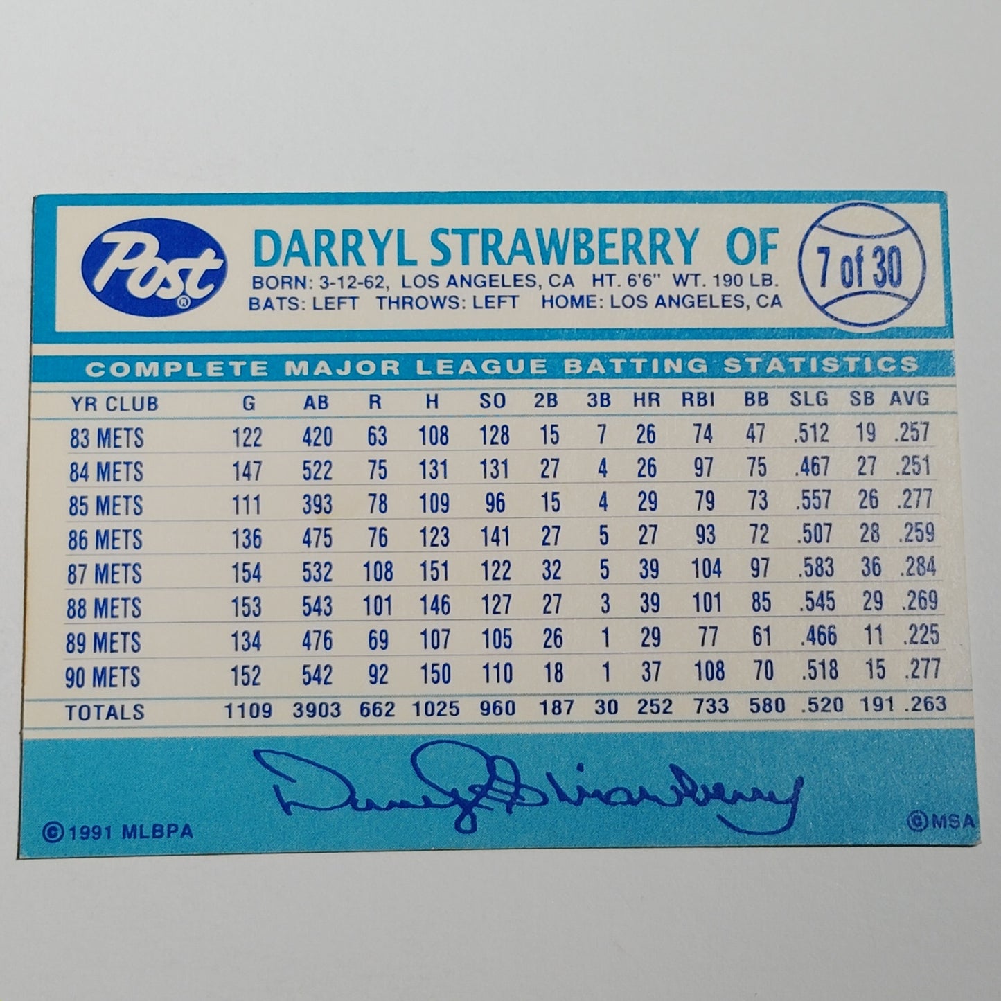 1991 Post Collector Series Darryl Strawberry #7 New York Mets OF Ball Card NM