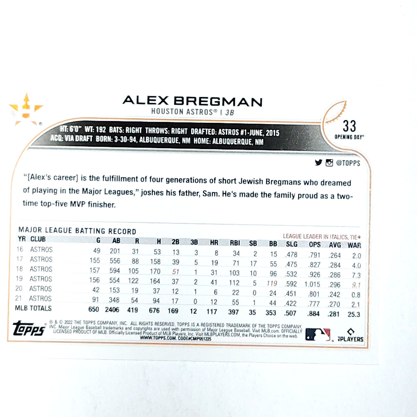 2022 Topps Opening Day #33 Alex Bregman Houston Astros 3rd Base - VG/EX