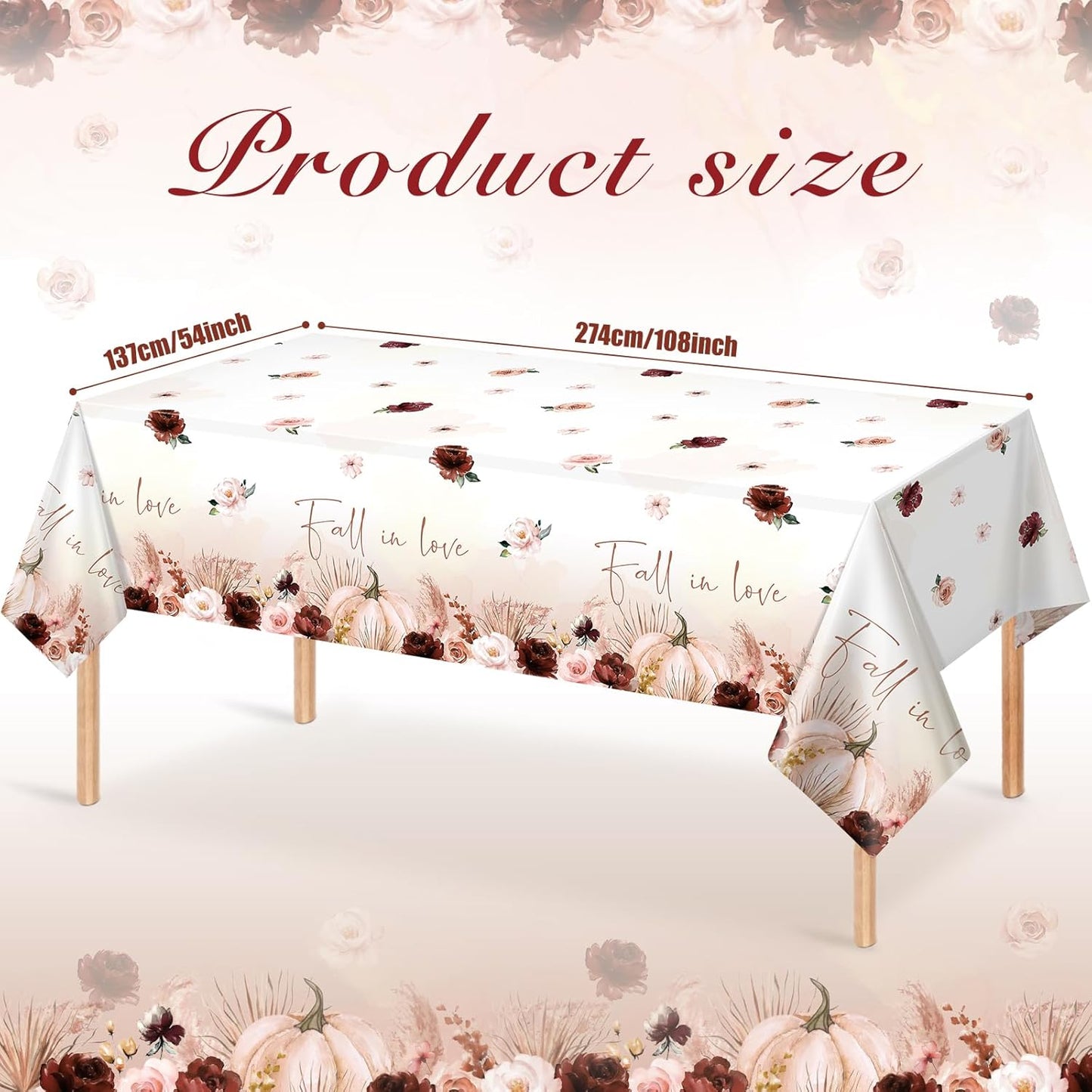 3 Pcs Fall In Love, Pumpkin Floral Tablecloths – 108x54" Disposable Party Decor
