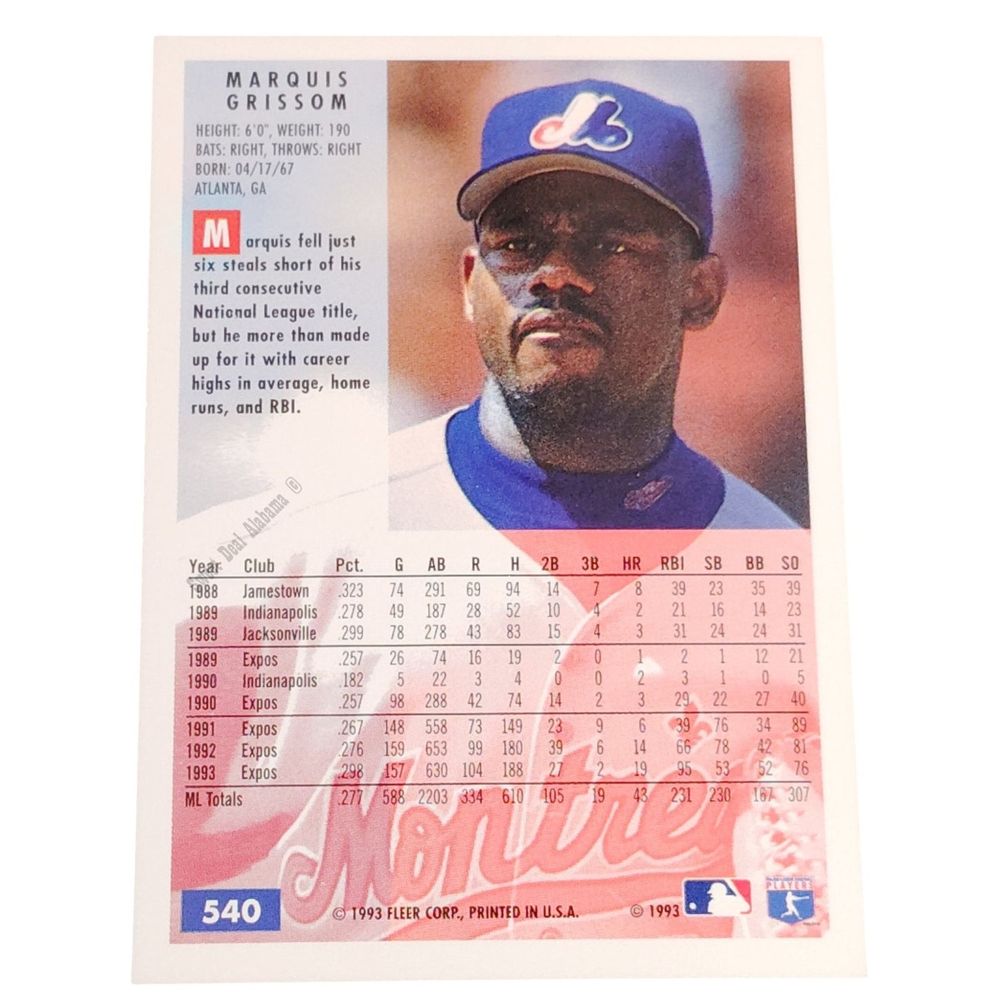 Marquis Grissom, Montreal Expos, #540, 1994 Fleer Baseball Collector's Card