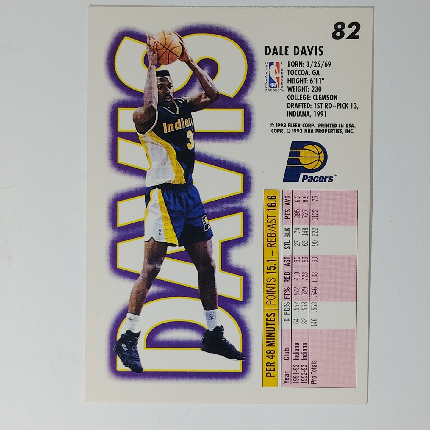 1993–94 Fleer Dale Davis #82 – Indiana Pacers – Forward