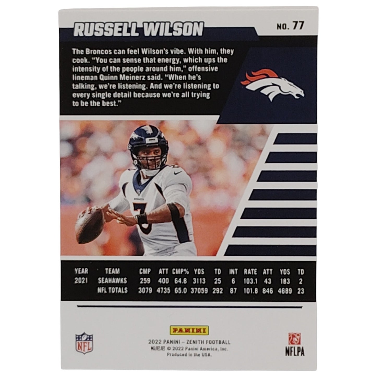 Russell Wilson, Denver Broncos, NFL 2022 Panini-Zenith Card 77, EX/NM