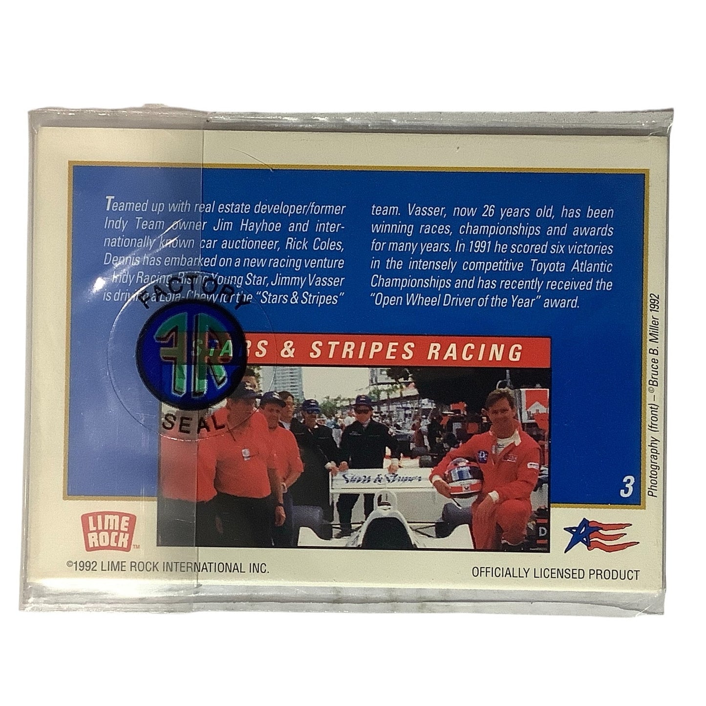 Hologram Jimmy Vasser Card, Team- Stars and Stripes Card #3, 1992 Lime Rock Inc.