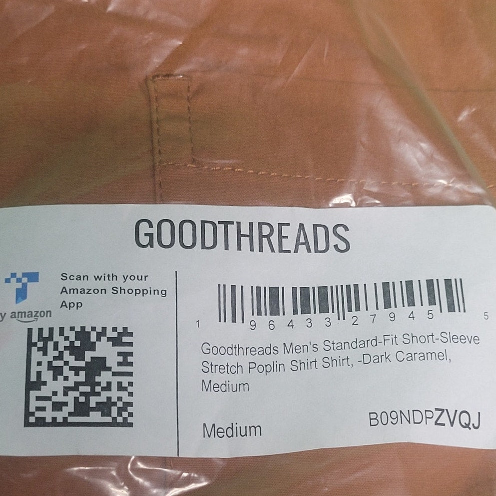 Goodthreads Standard-Fit Short-Sleeve Button-Down Stretch Poplin Shirt, Dark Caramel, Medium, NWT