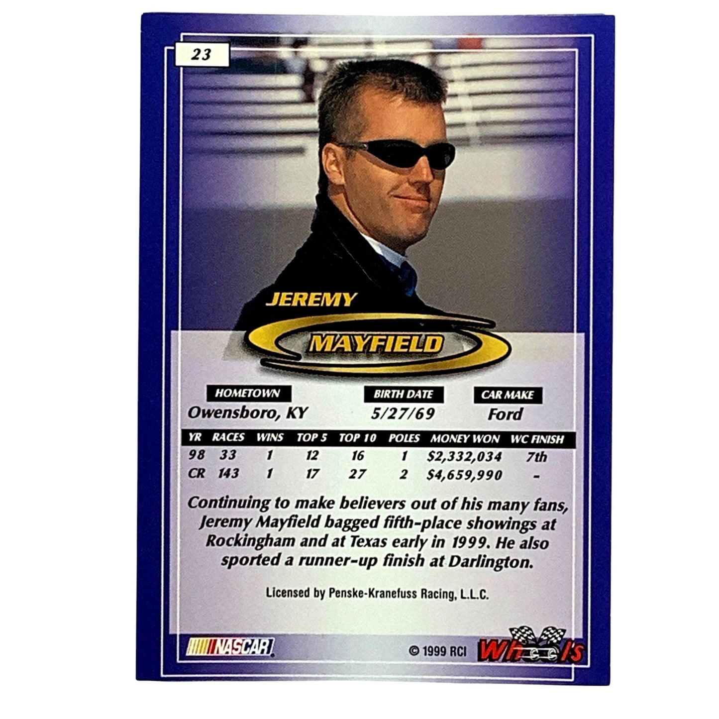 Jeremy Mayfield, Sponsor: Mobil, Card 23, 1999 Wheels NASCAR Winston Cup, NM+