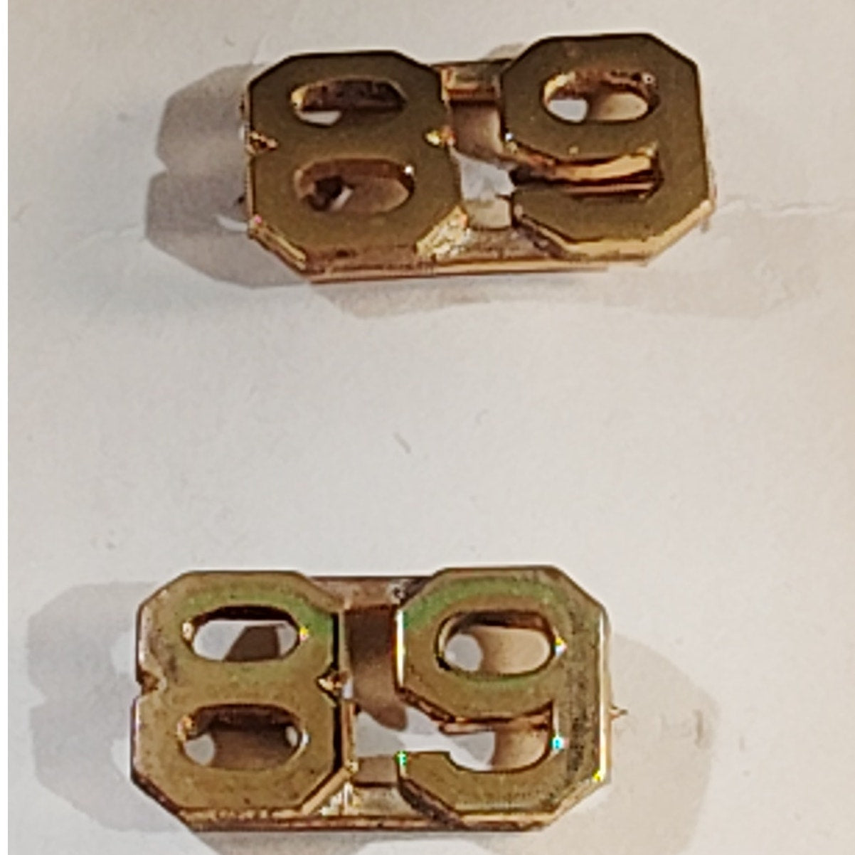 Early/Mid 1900s Brass C-Clasp "89" Collar Devices 3/8"H Hat / Lapel Pins Set