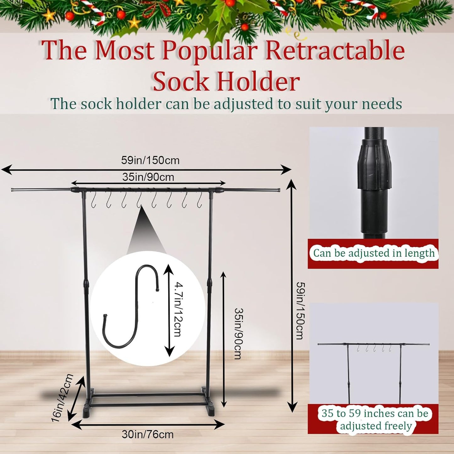 Retractable Freestanding Christmas Stocking Holder Stand – 35" to 59" Adjustable Display – 8 Hooks