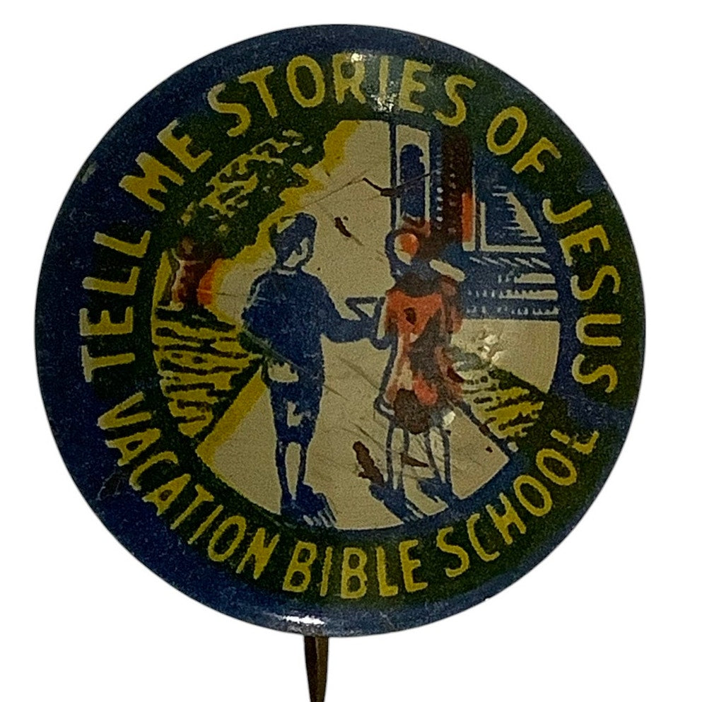 c1930/40s Vacation Bible School, Tell Me Stories of Jesus Lapel Pin, 3/4"D