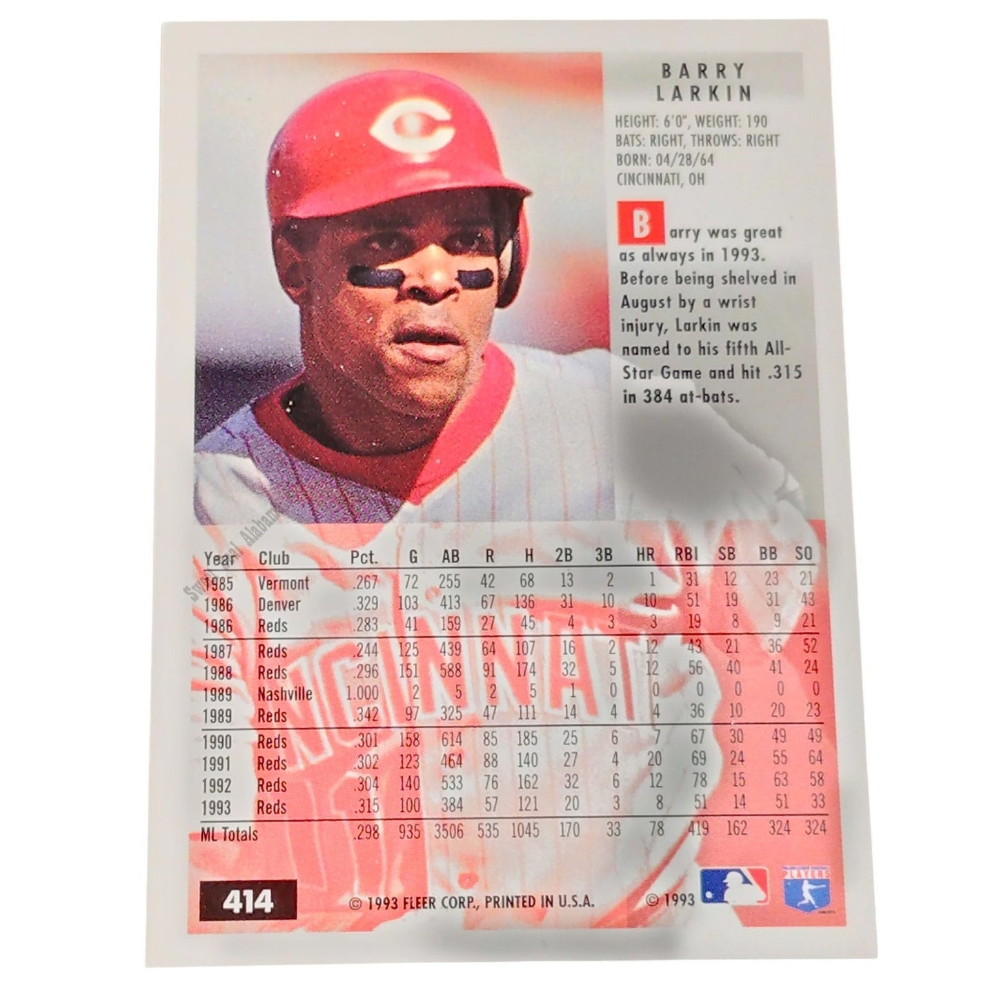 Barry Larkin, Cincinnati Reds, #414, 1994 Fleer Baseball Collector's Card