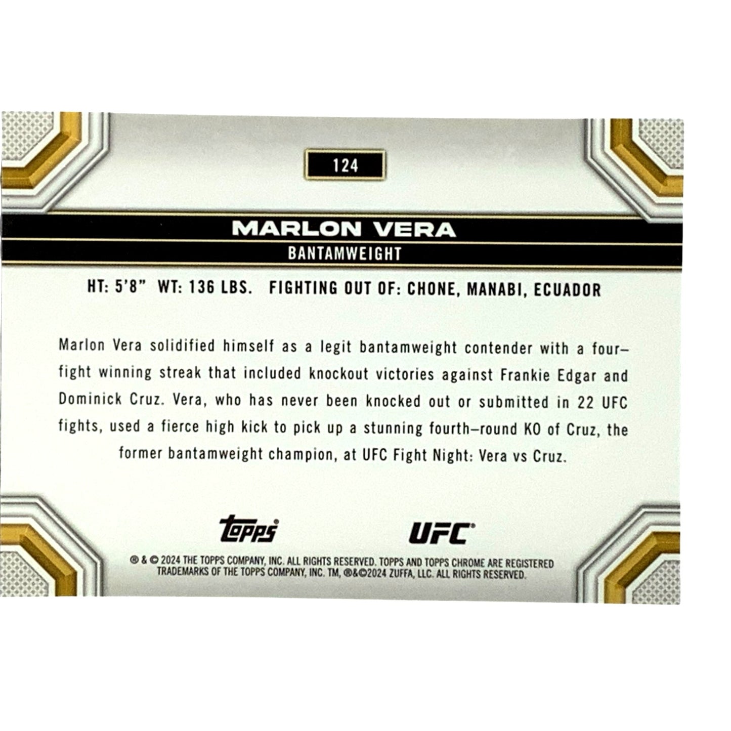 Marlon Vera, UFC Light Heavyweight, Card 124, 2024 Topps Chrome UFC, NM+