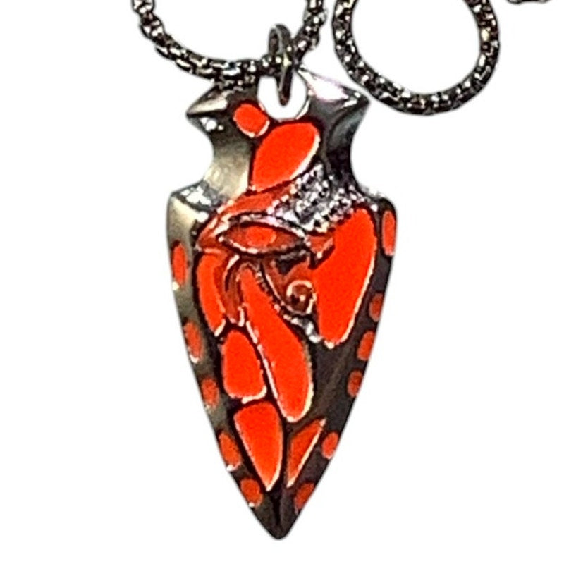 Glow-in-the-Dark Orange Arrowhead Pendant Luminous Shield Eye w/ 27.5" Box Chain