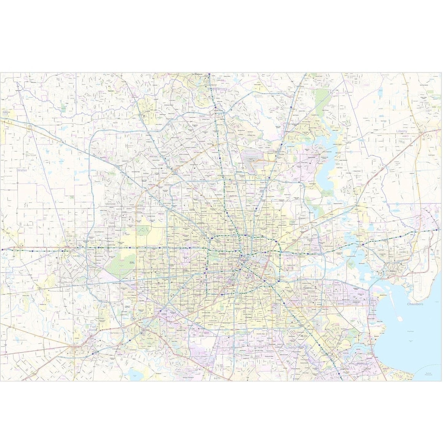 Harris County Texas 48" x 36" Laminated 2023 Zip Codes Map, Unframed