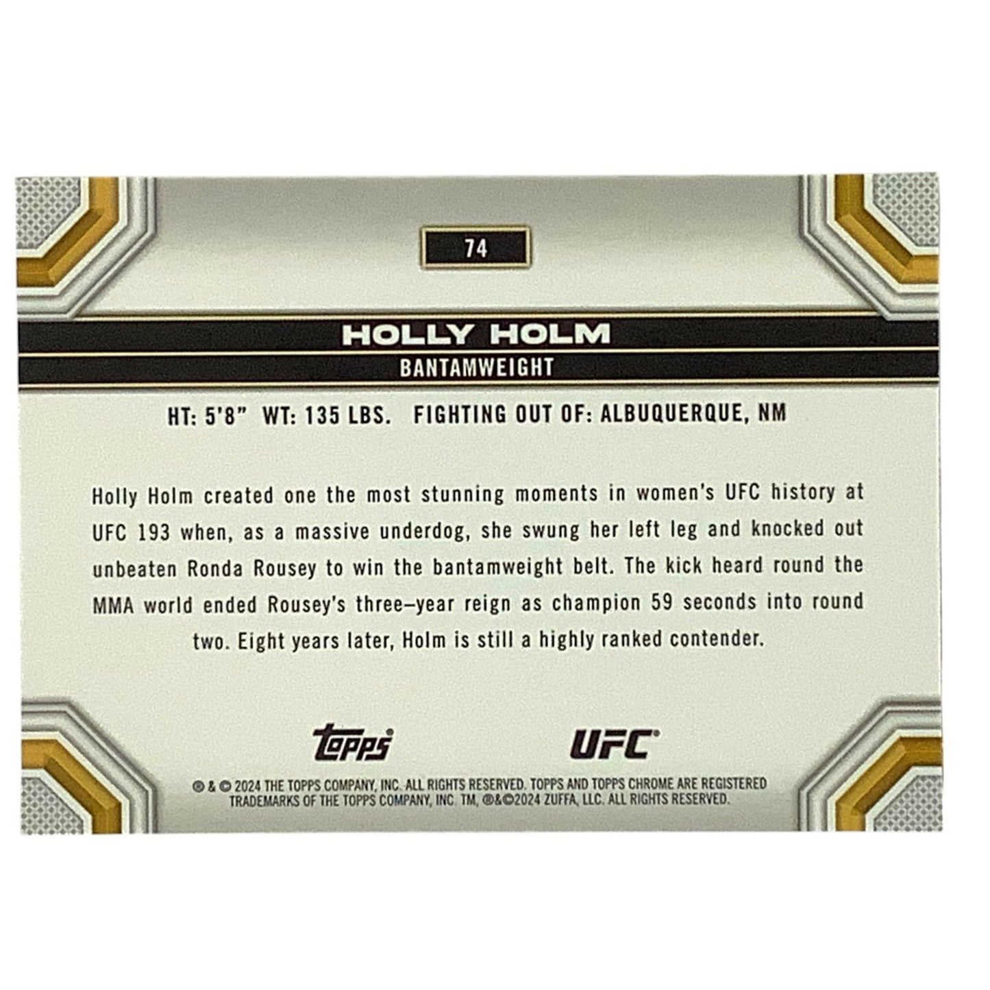 Holly Holm, Bantamweight, UFC Card 74, 2024 Topps Chrome UFC, NM+