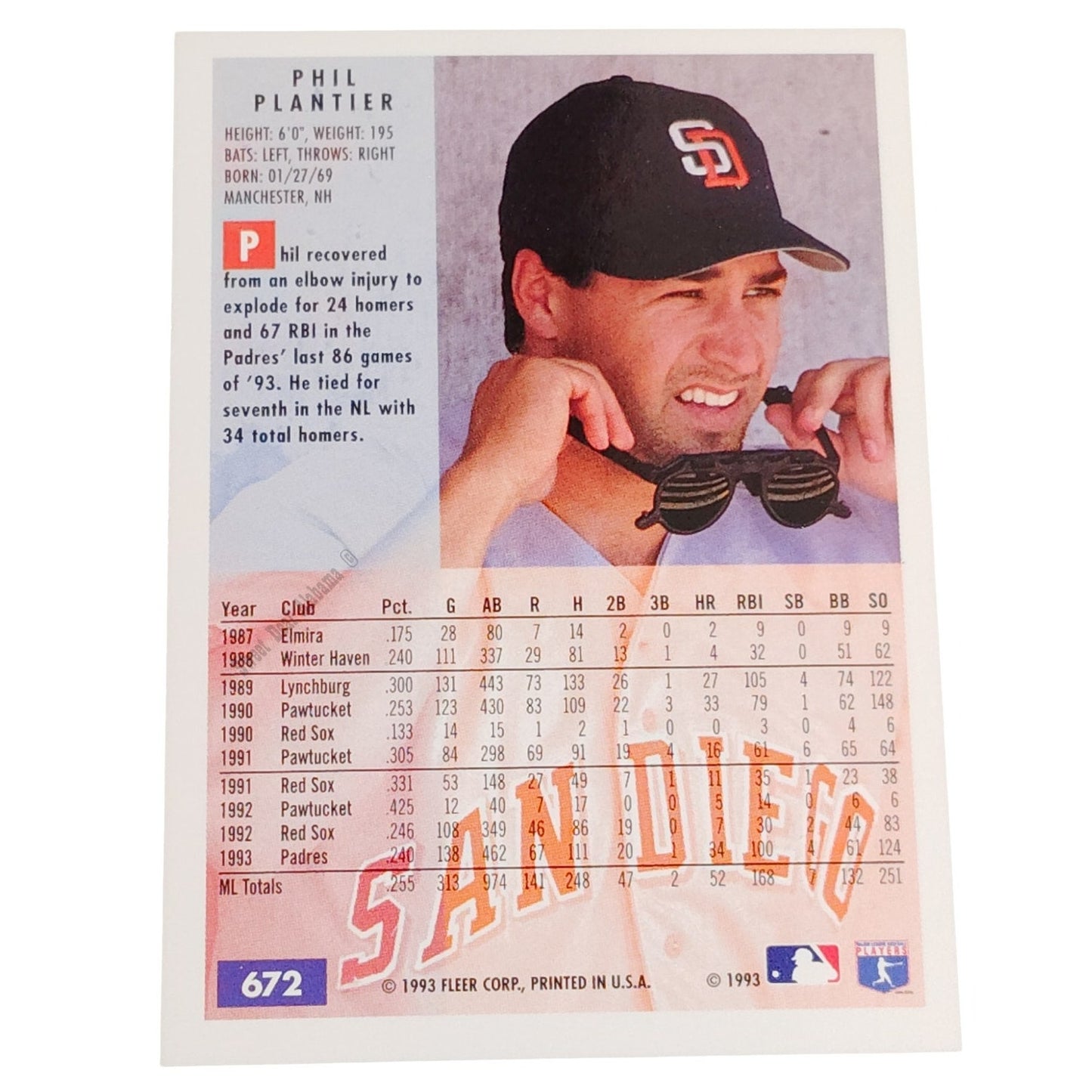 Phil Plantier, San Diego Padres, #672, 1994 Fleer Baseball Collector's Card
