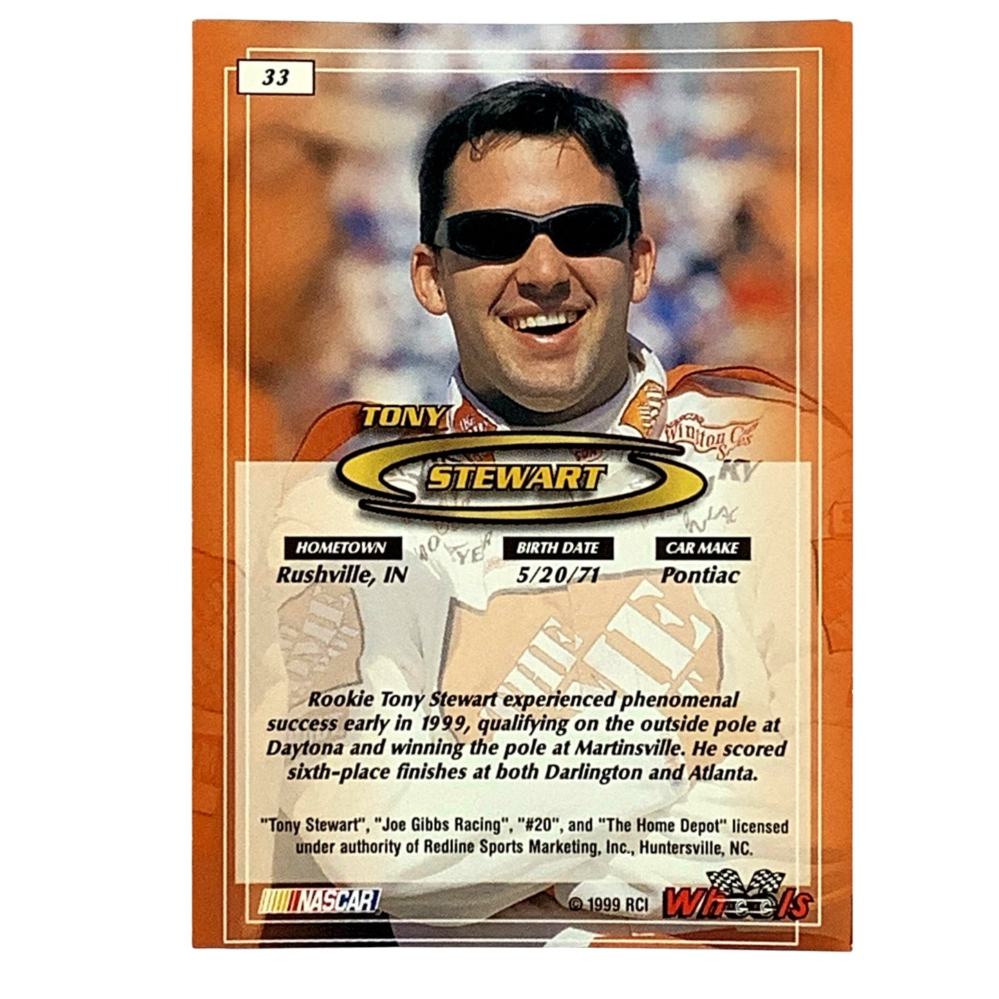 Tony Stewart, Sponsor: Home Depot, Card 33, 1999 Wheels NASCAR Winston Cup, NM+