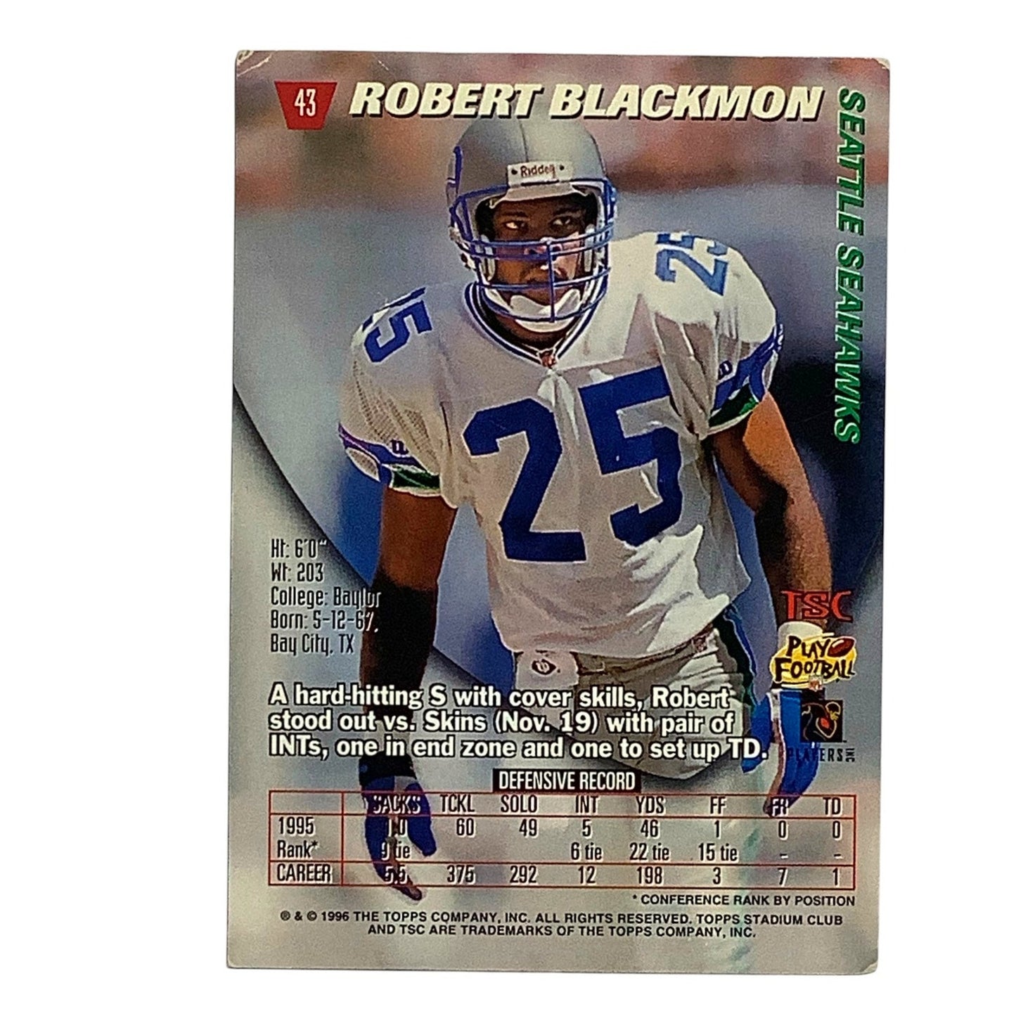 Robert Blackmon, Seattle Seahawks, NFL 1996 Topps Stadium Club Card 43, VG