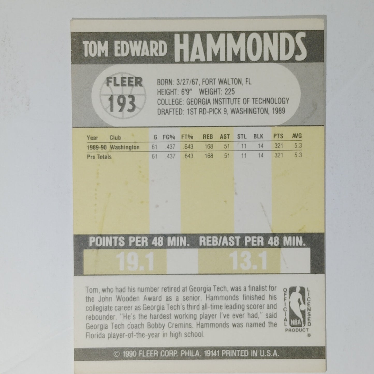 1990 Fleer Tom Hammonds #193 – Washington Bullets – Forward – NBA Card