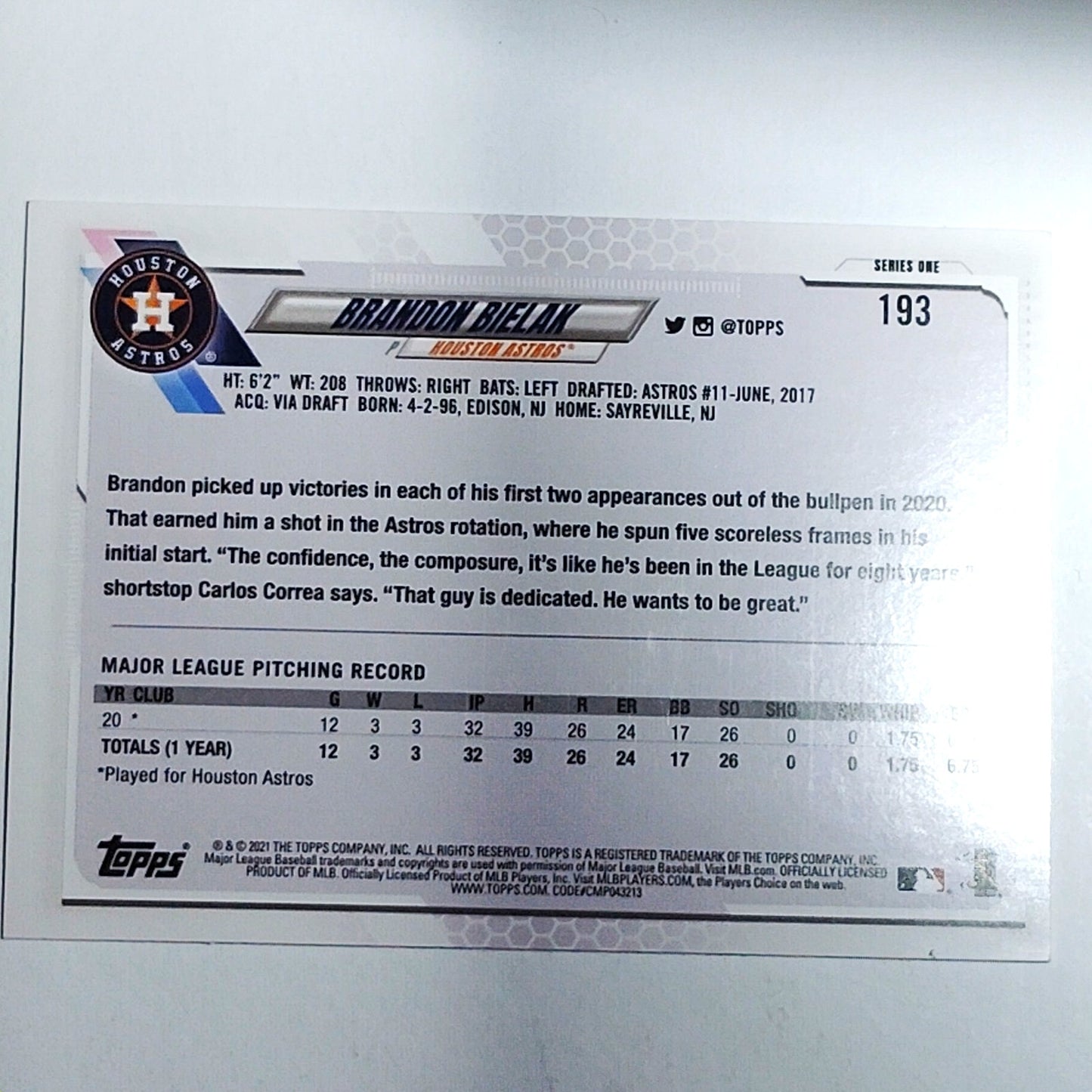 2021 Topps Brandon Bielak 193 RC Houston Astros Rookie Card Pitcher VG/EX