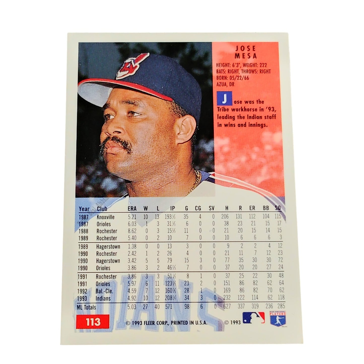 Jose Mesa, Cleveland Indians, #113, 1994 Fleer Baseball Collector's Card