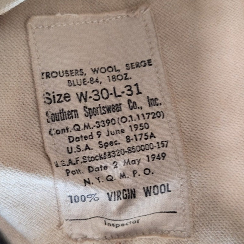 1950 US Military 100% Virgin Wool Trousers - Blue-84 - Size 30x31 - 18oz Serge