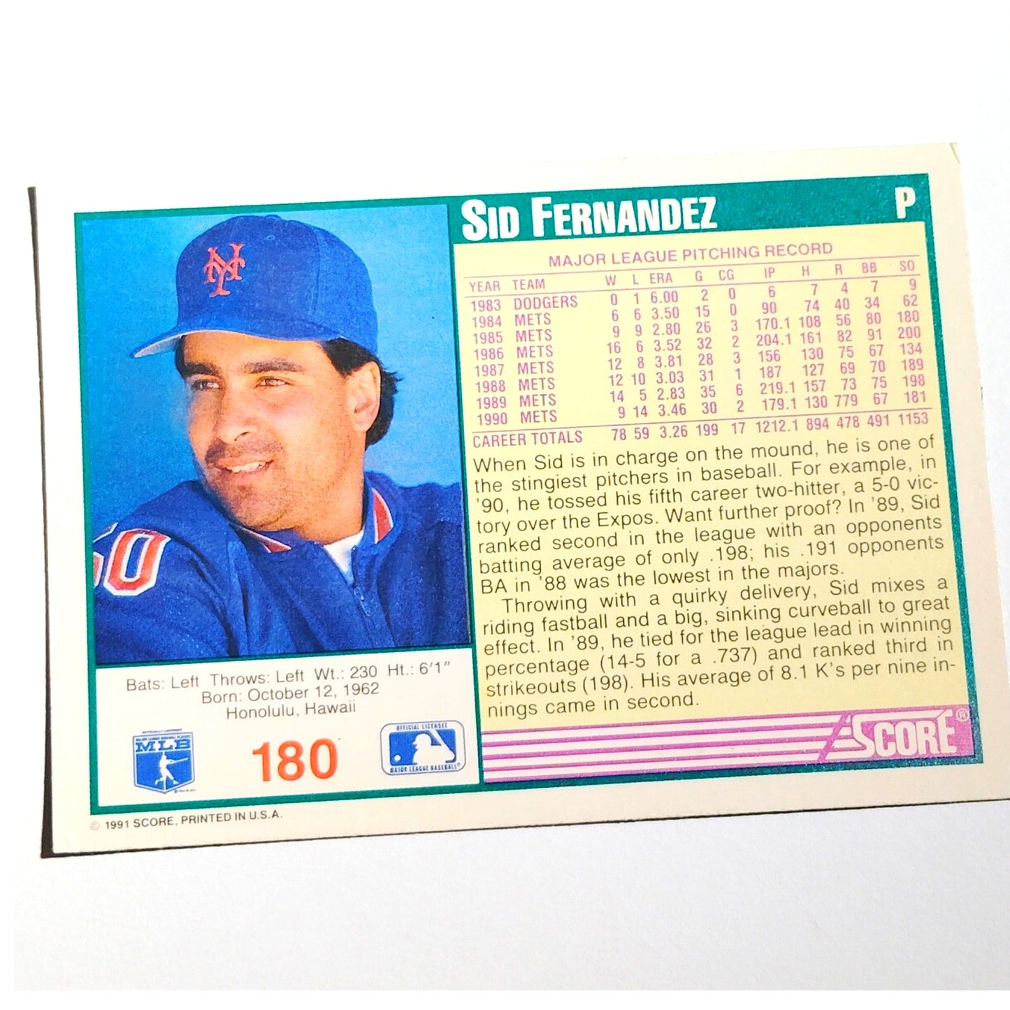 1991 Score Sid Fernandez #180 New York Mets Pitcher MLB Baseball Card NM