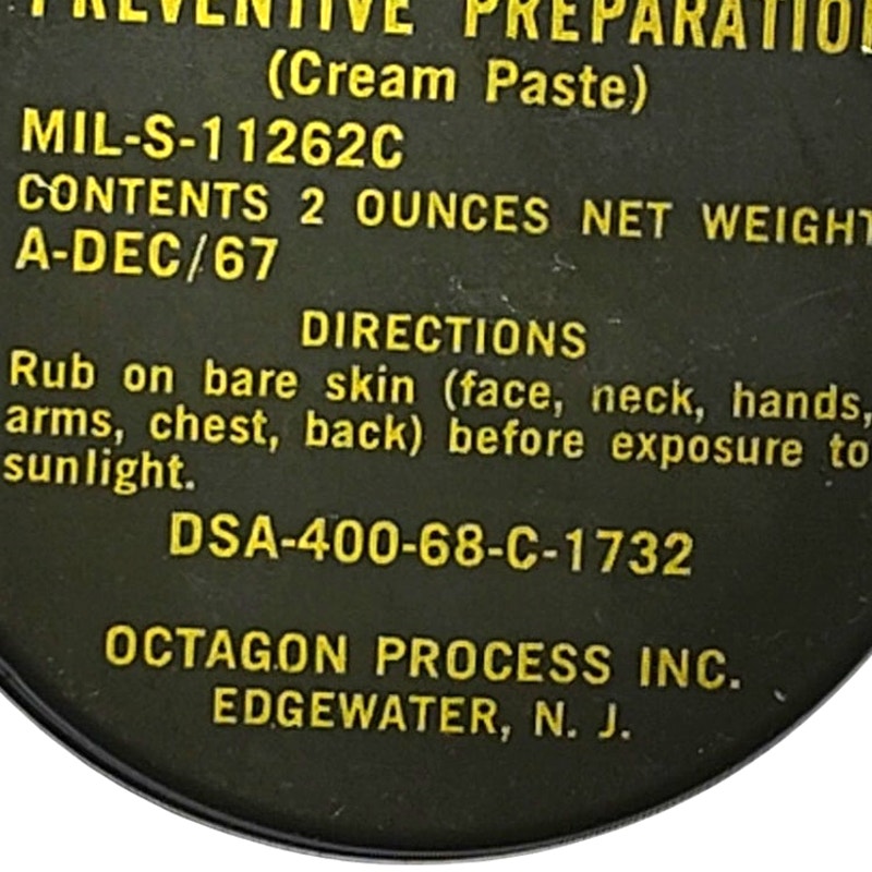 1967 Sunburn Preventive Preparation – Cream Paste – MIL-S-11262C – Octagon Process Inc. – 2oz
