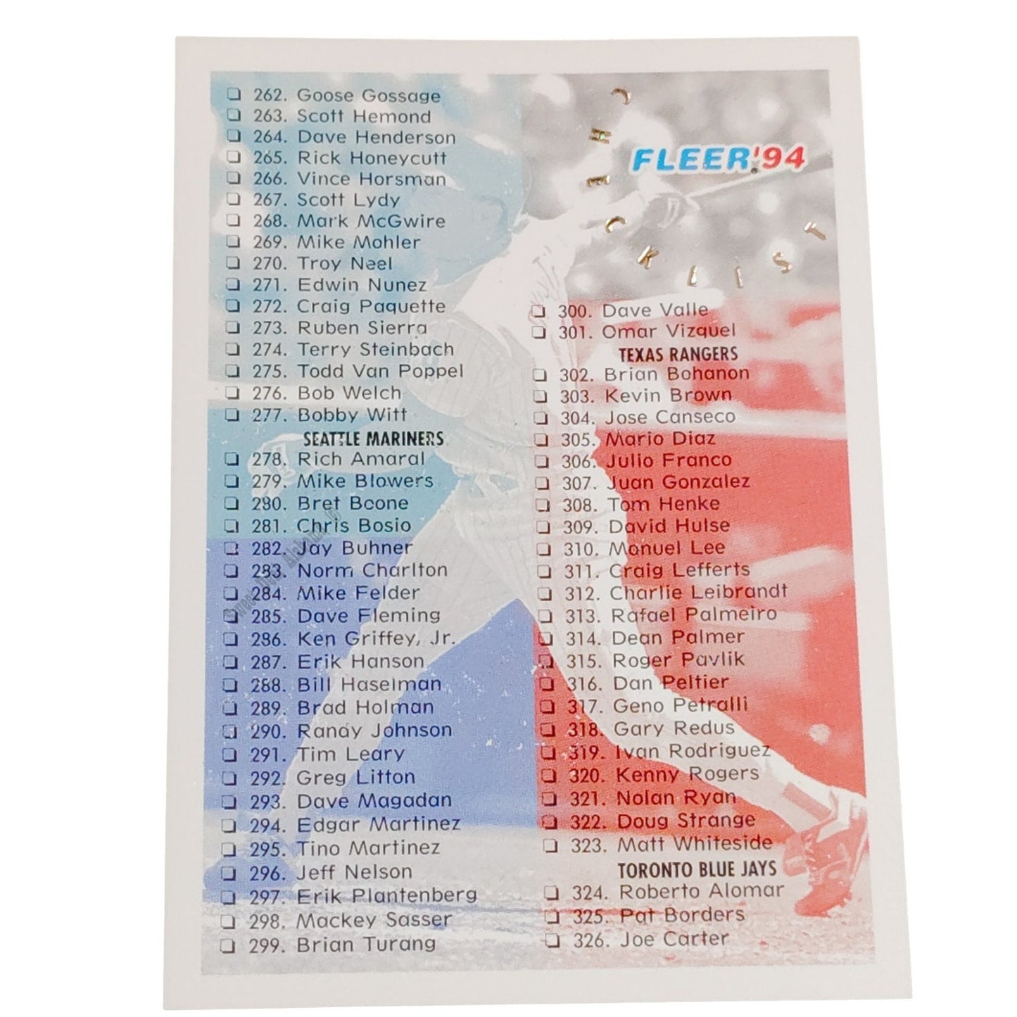Checklist 262-392, #716, 1994 Fleer Major League Baseball Checklist Card
