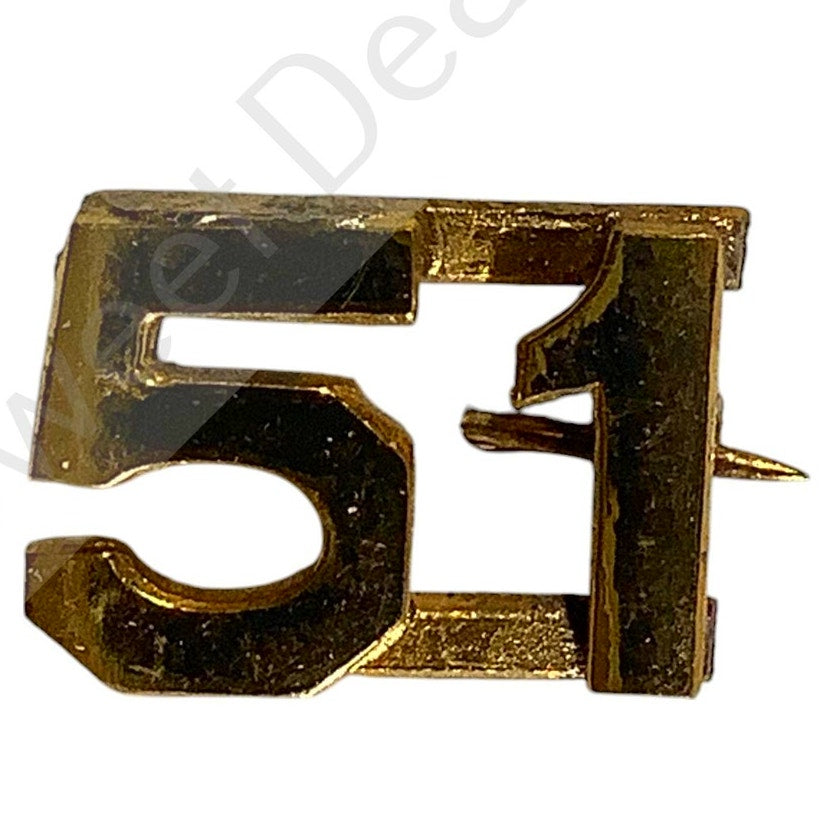 c.1910s Numeric "51", Brass Military C-Clasp Hat / Lapel / Collar Pins Set 3/8"H