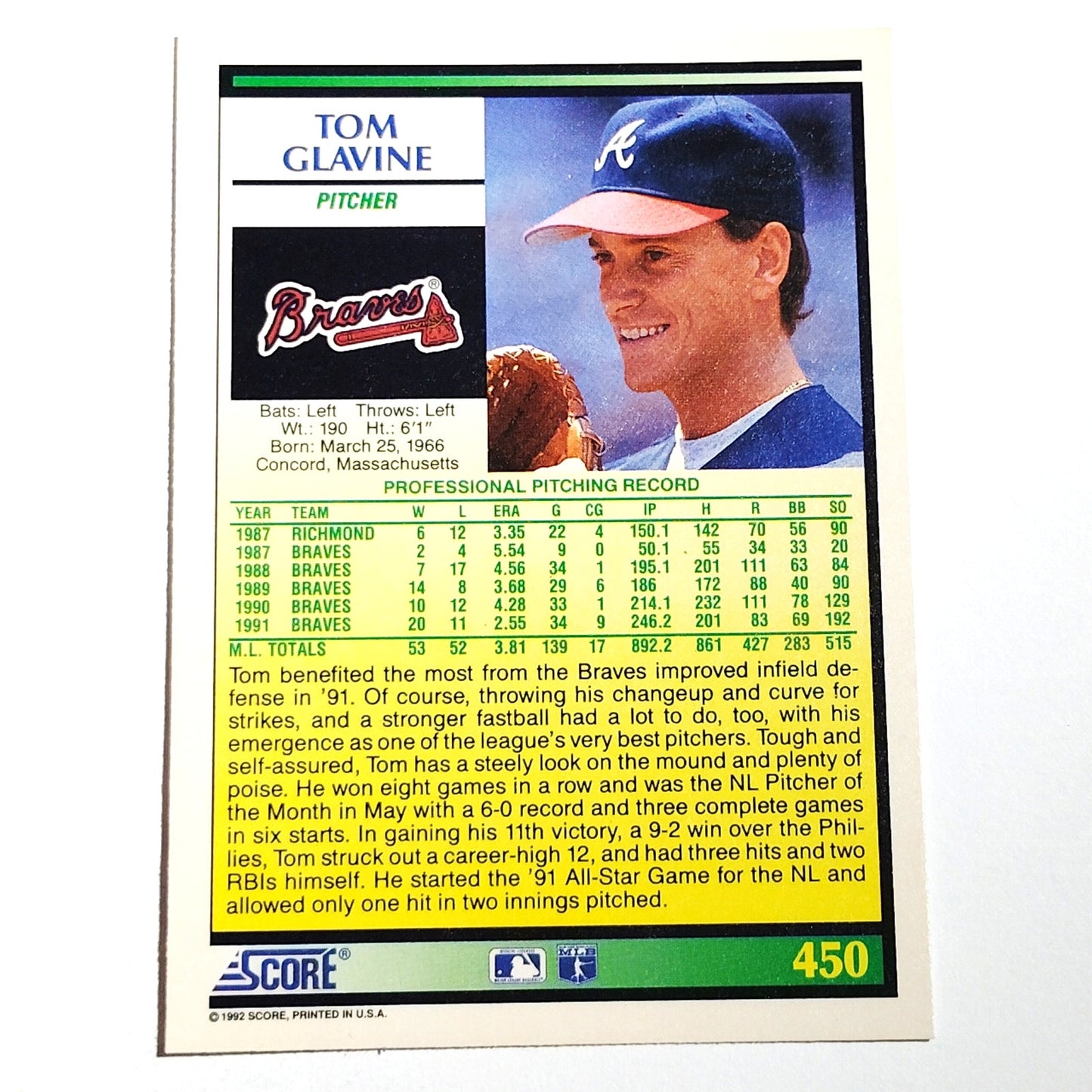 1992 Score Tom Glavine #450 Atlanta Braves Pitcher MLB Baseball NM
