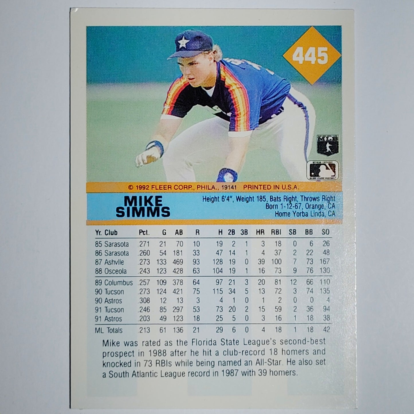 1992 Fleer Mike Simms Card #445 Houston Astros Outfield VG/EX